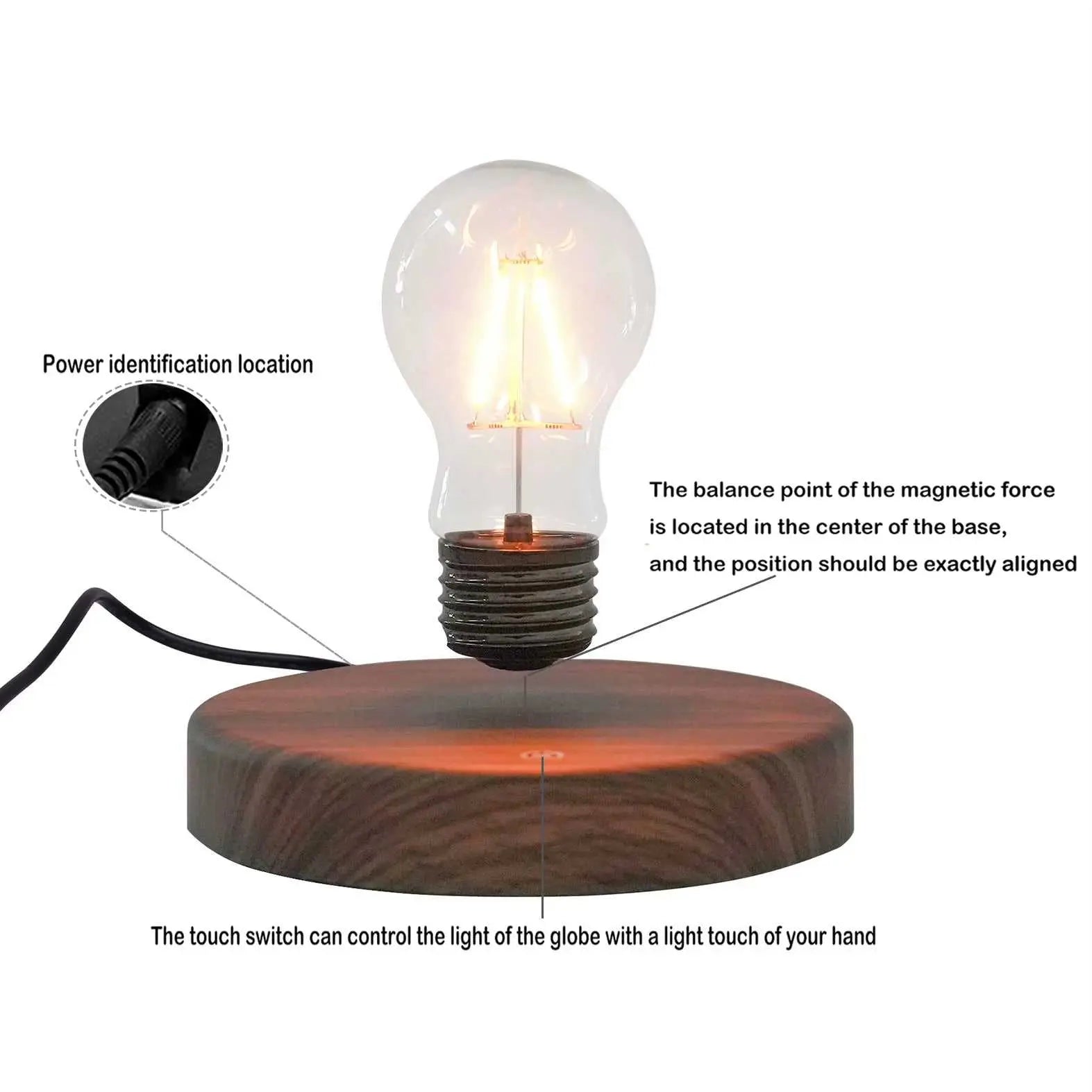 Magnetic levitating light bulb floating above wooden base with touch control and power cable