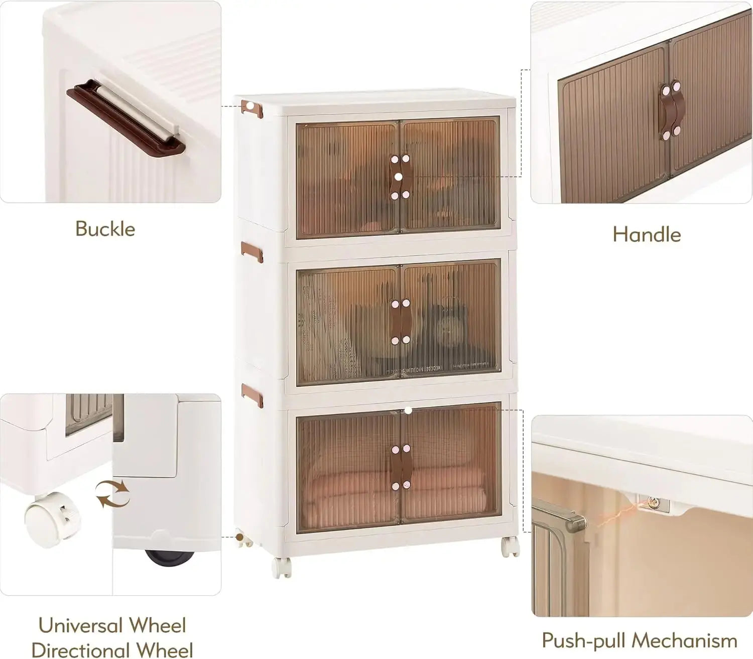 3-Tier Foldable Storage Box with Wheels, Stackable Collapsible Storage Box Portable Organizer Versatile Closet for Home/Office