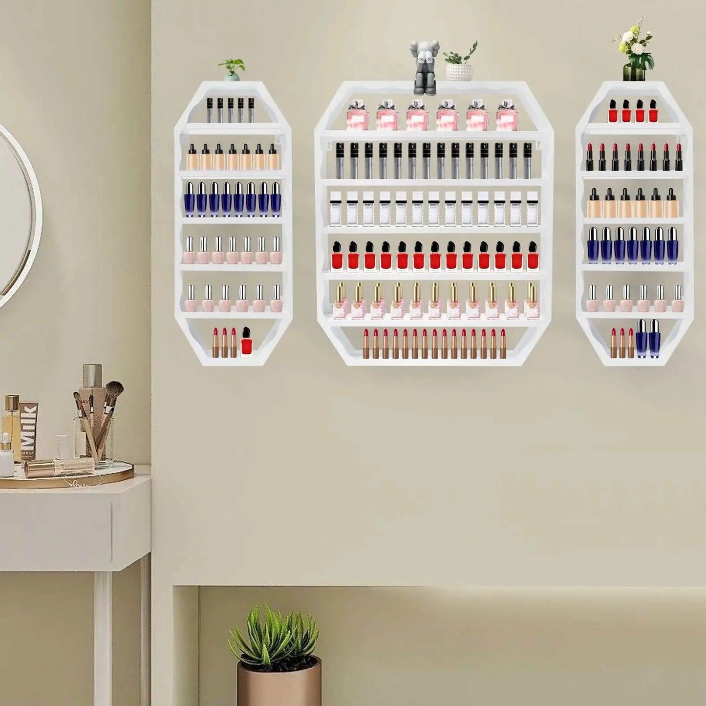 Multi-tiers white wall-mounted nail polish storage racks with geometric design holding various nail polish bottles in modern home setting