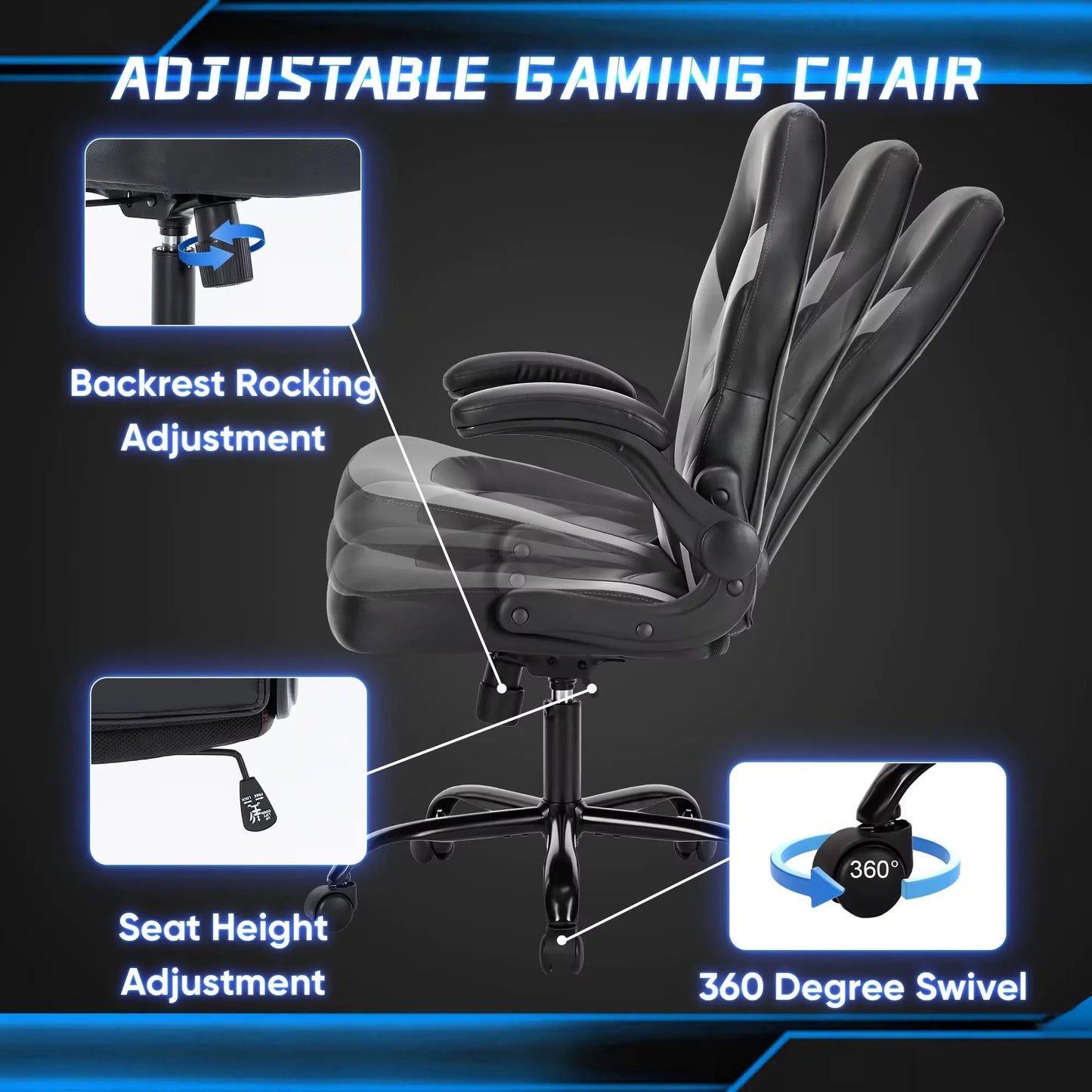 Ergonomic Office Computer Home Gaming Desk Chair Adjustable PU Leather Racing Chair Flip-Up Armrest for Christmas Furniture