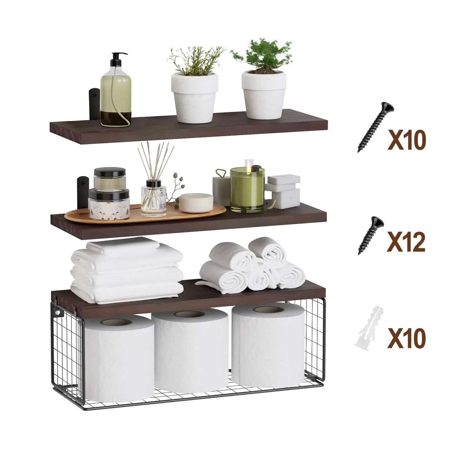 Rustic brown wooden floating shelves set with metal storage basket holding towels and toilet paper rolls, includes mounting screws and anchors for wall installation.