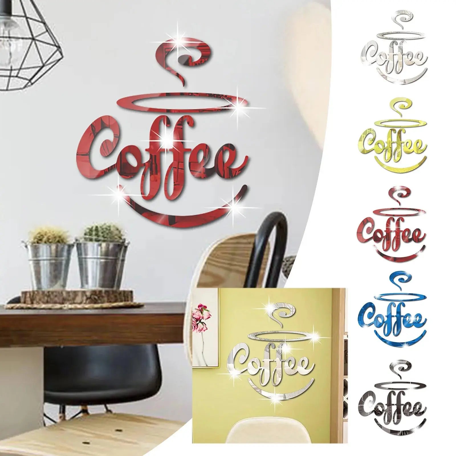 3D Coffee Mirror Stickers Bar Quotes Wall Decal Kitchen Home Wall Decor Vinyl Sticker Coffee Bar Wall Decals Mural Wallpaper