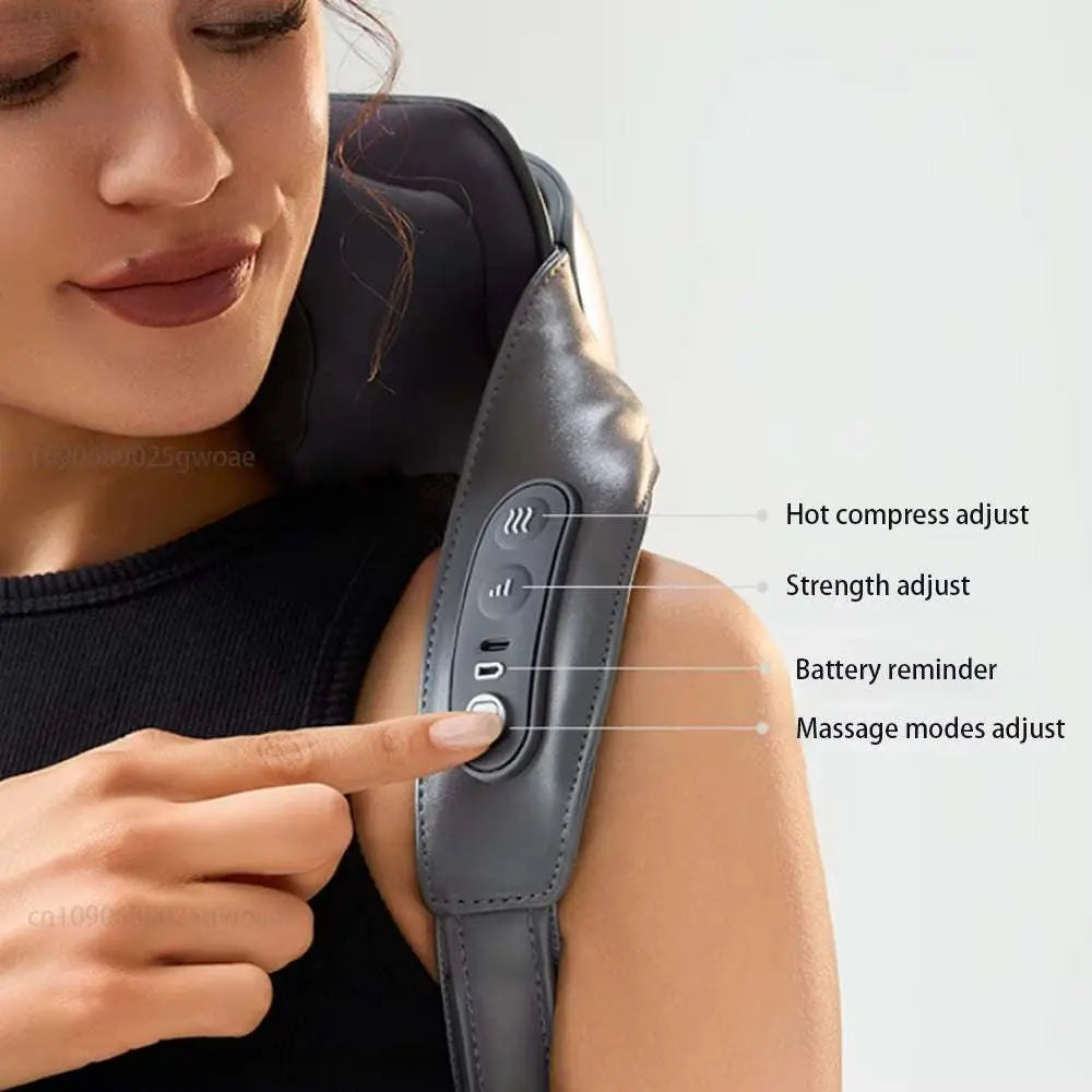 Woman using adjustable neck shoulder massager with heat and multiple massage modes for deep tissue pain relief