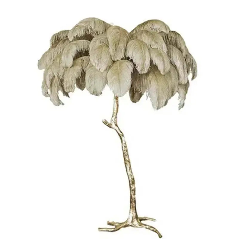 Nordic LED floor lamp with khaki ostrich feather shade and copper maple leaf textured stand for modern living room decor