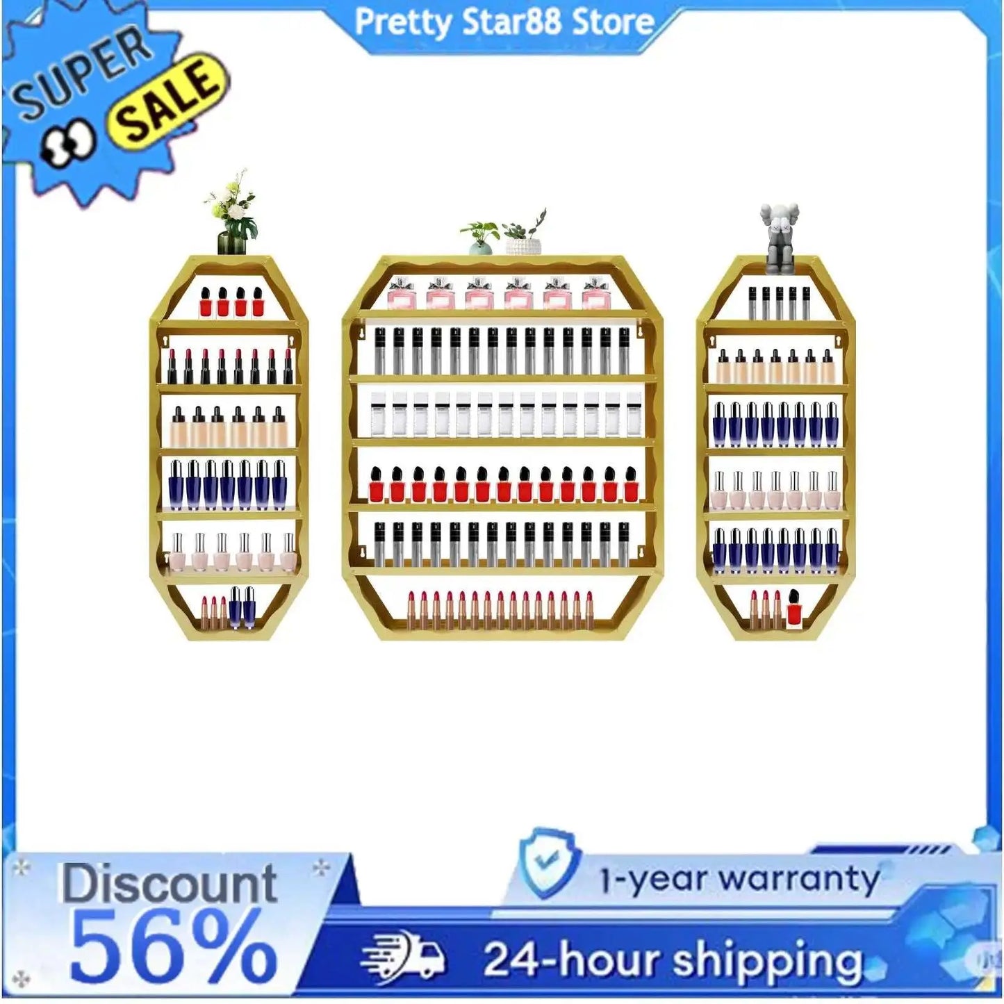 Multi-tiers wall-mounted nail polish storage racks in gold color with octagonal design for homes and salons.
