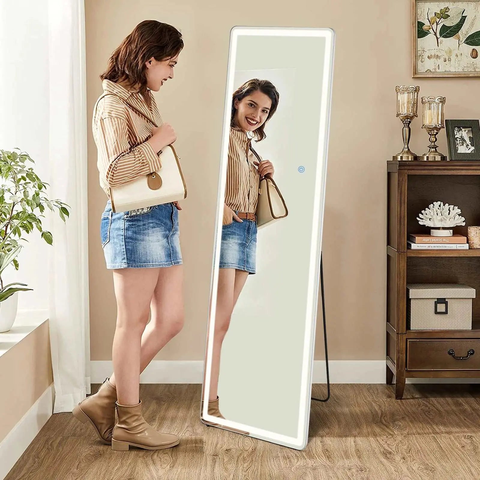LED 64 X 21 Full Length Mirror with aluminum alloy frame and standing/wall-mount options in modern room setting