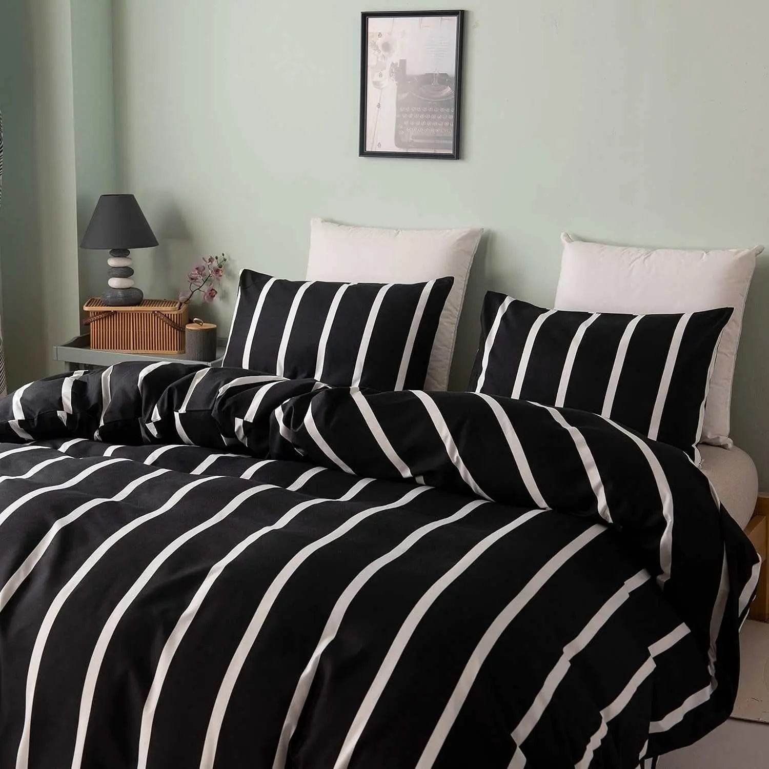 Black and White Striped Comforter Set Twin Microfiber Duvet Cover Set 68"X 90"With 1 Duvet Cover and 1 Pillow Sham Soft Lightweight 2 Pieces Bedding Set