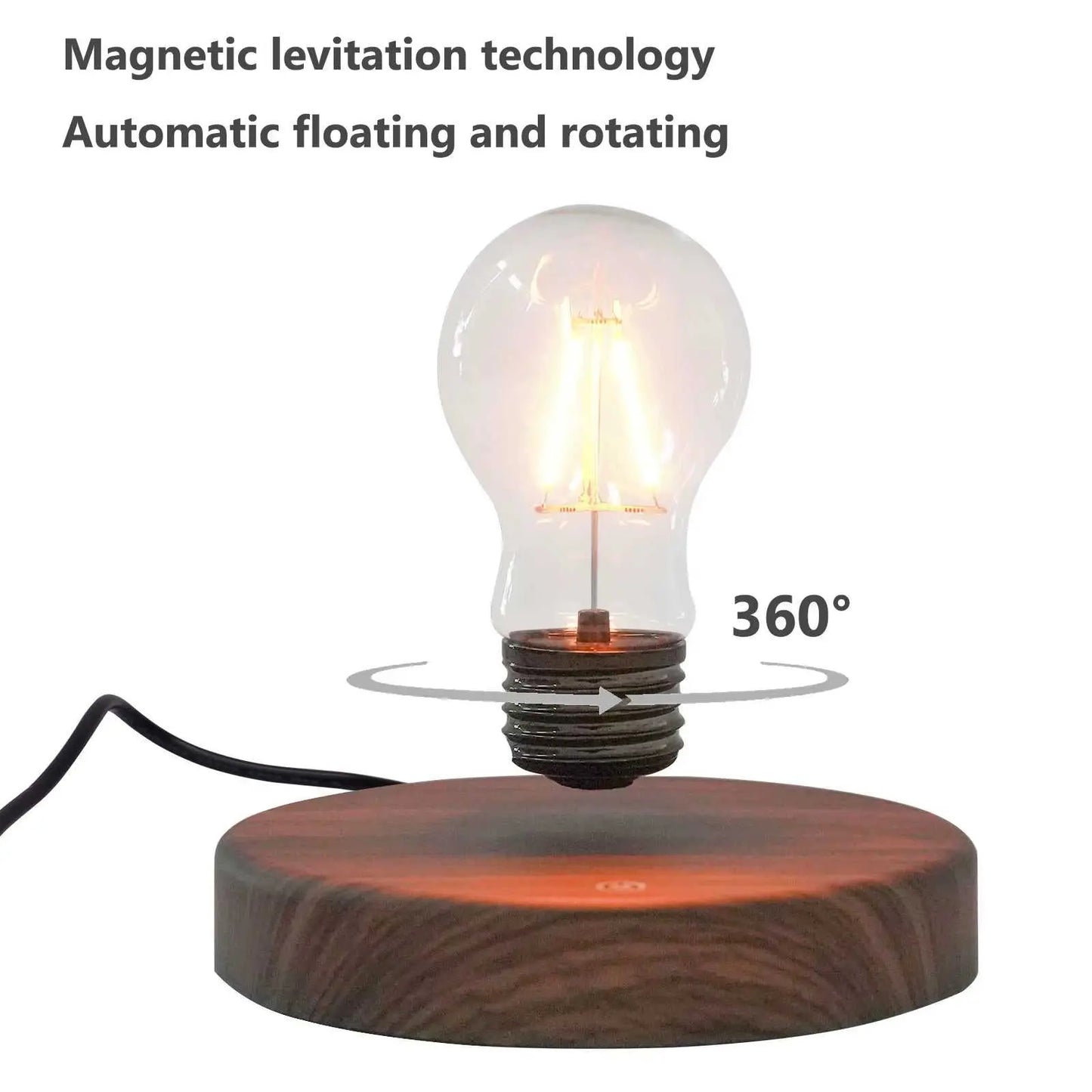Magnetic levitating light bulb floating and rotating 360 degrees on wooden base with glowing filament