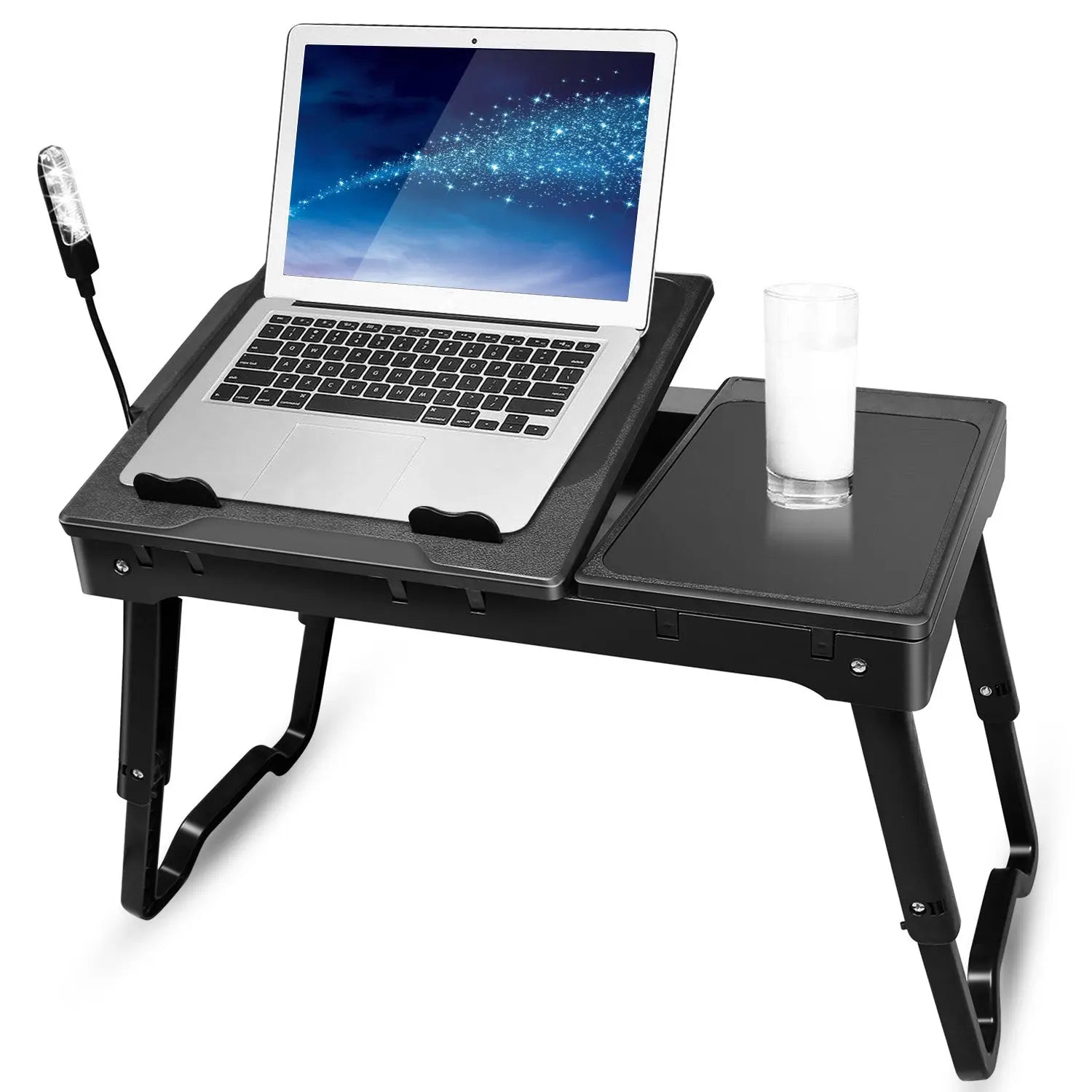 1Pc Foldable Laptop Table Bed Notebook Desk with Cooling Fan Mouse Board LED Light 4 USB Ports Breakfast Snacking Tray with Storage Groove for Home Office Use