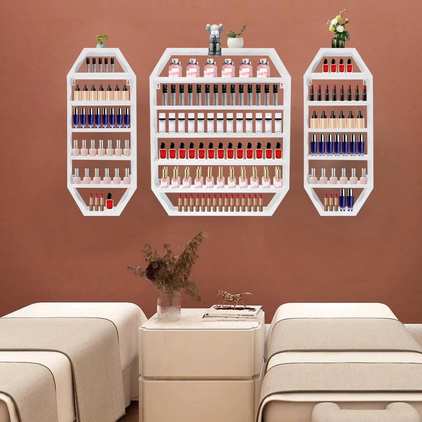 Multi-tiers wall-mounted nail polish storage racks in white, octagonal design, displaying nail polish bottles, mounted on a brown wall above two beige beds.