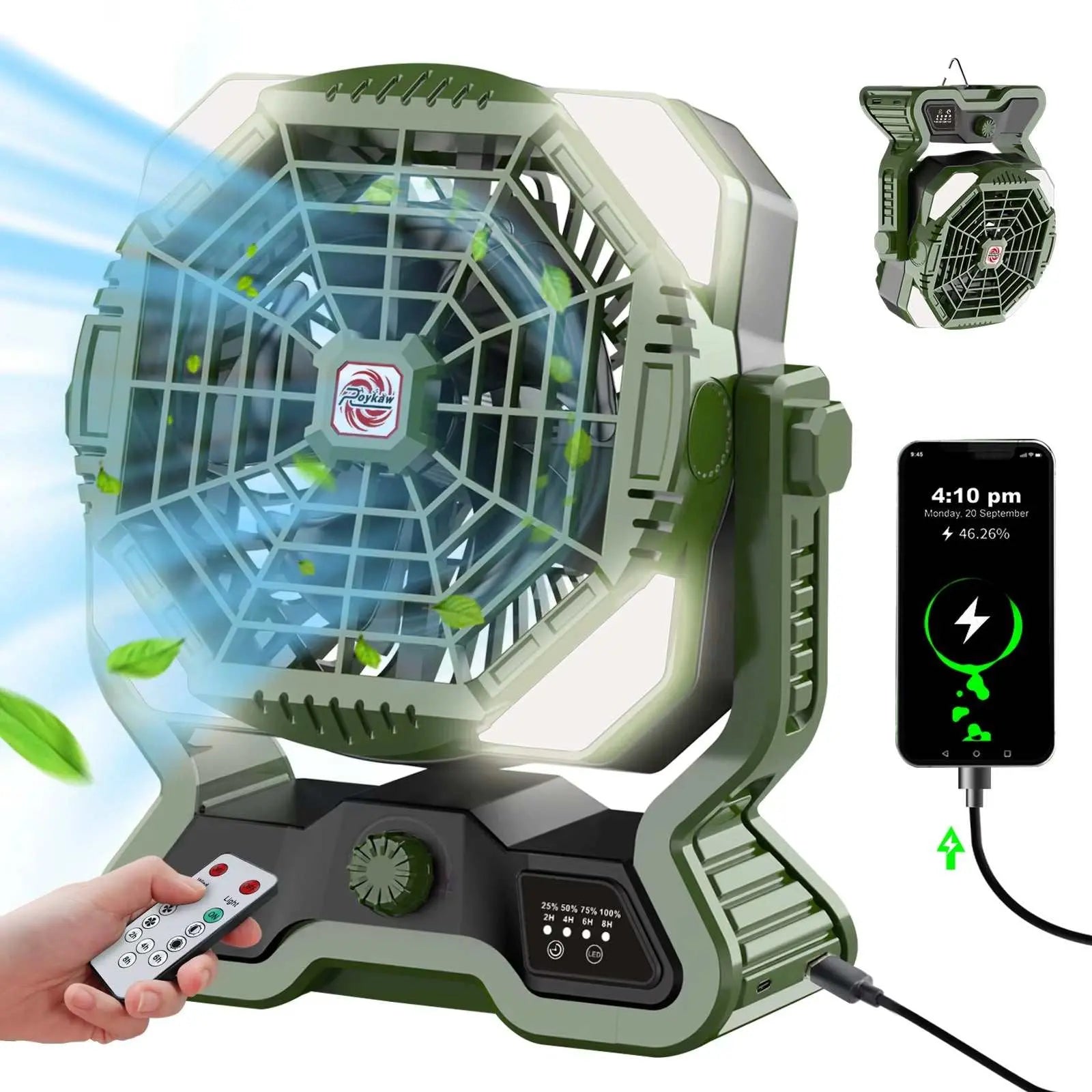 Portable camping fan with LED lantern, 20000mAh rechargeable battery, dual blades, remote control, adjustable speed, USB and Type-C ports, and hanging hook design.