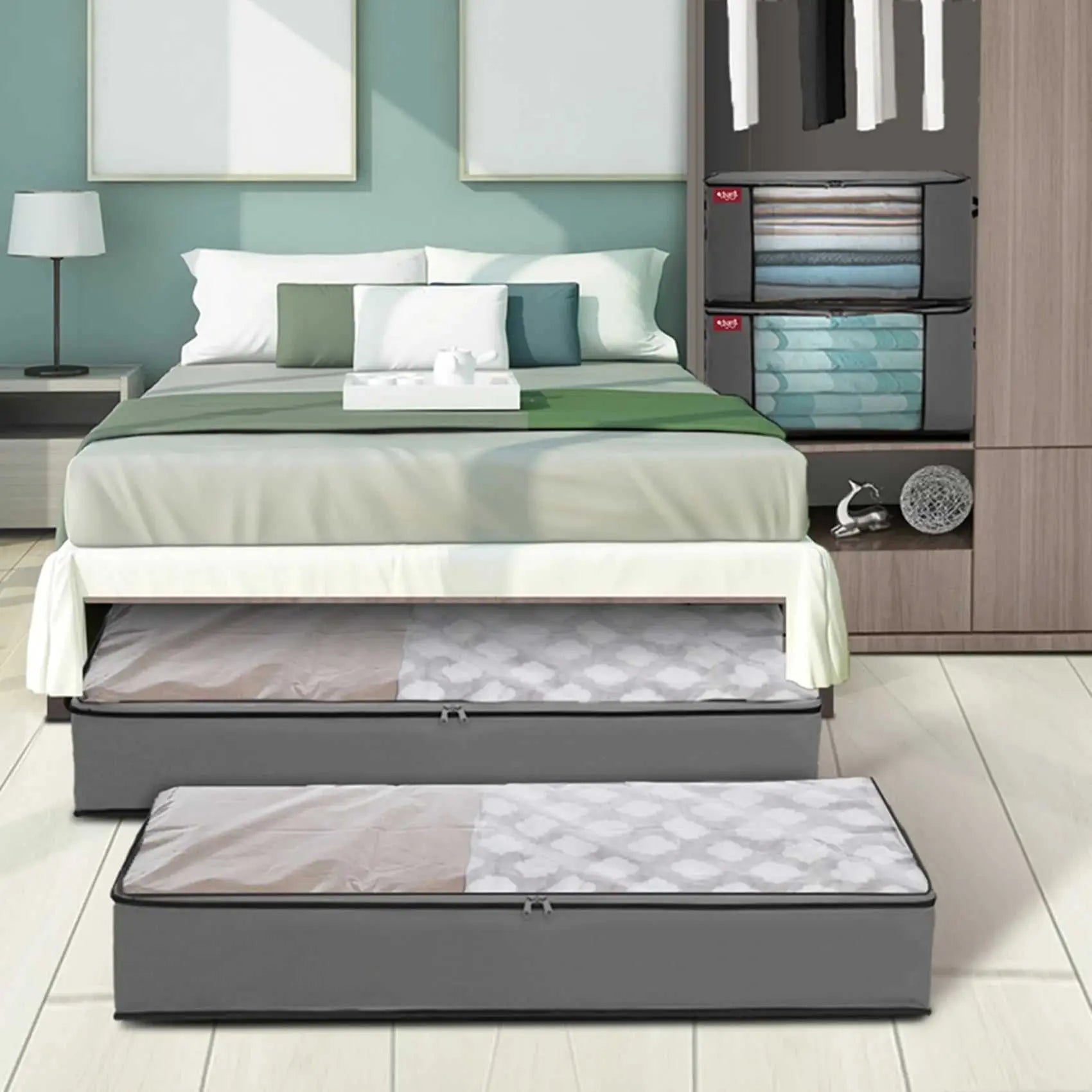 2 Pcs 80L + 2 Pcs 67L Large Underbed Storage Bags Organizer Container with Clear Window, Large Capacity Visible Underbed Storage Organizers for Comforters, Gray