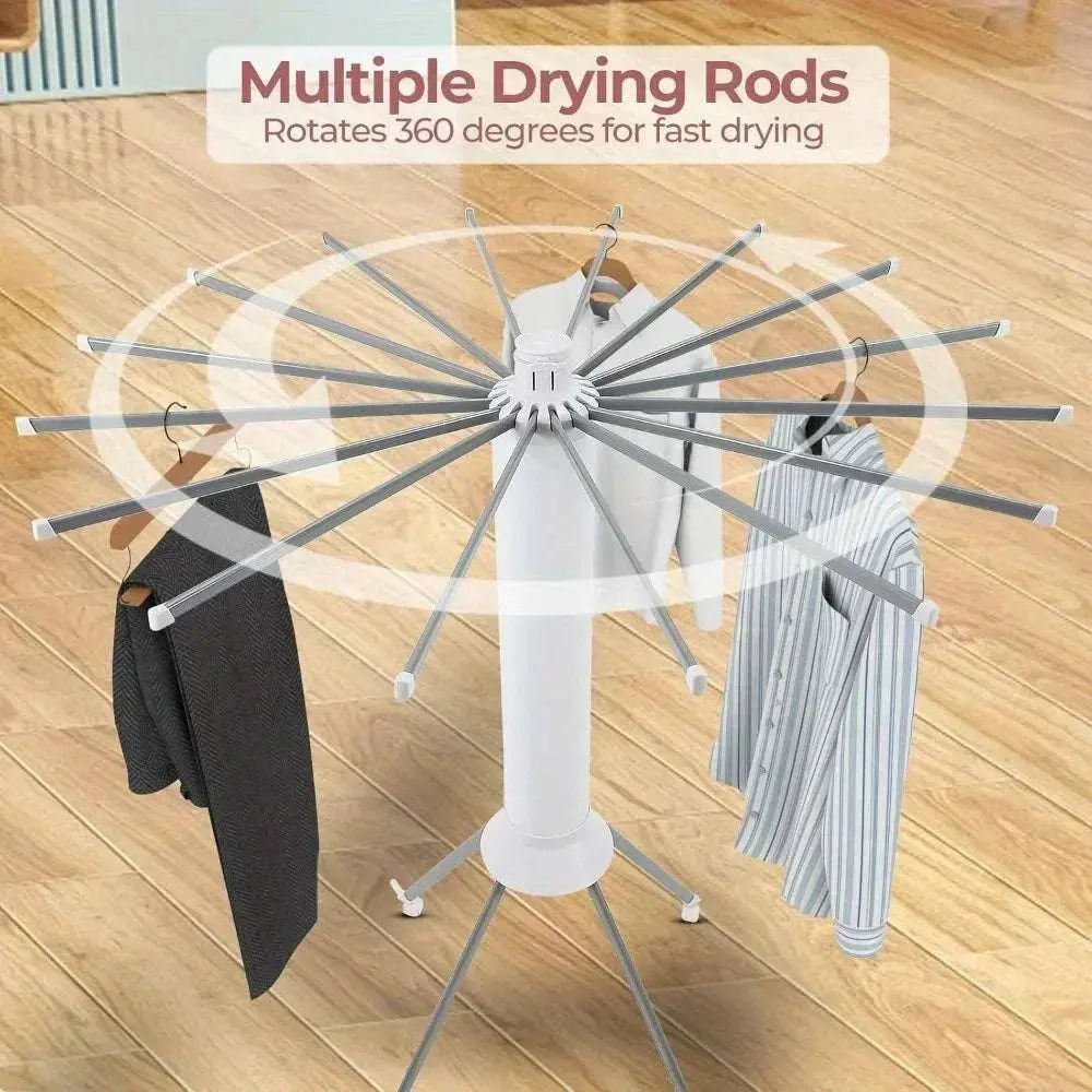 Four-legged rotating clothes drying rack with multiple rods for space-saving indoor and outdoor use