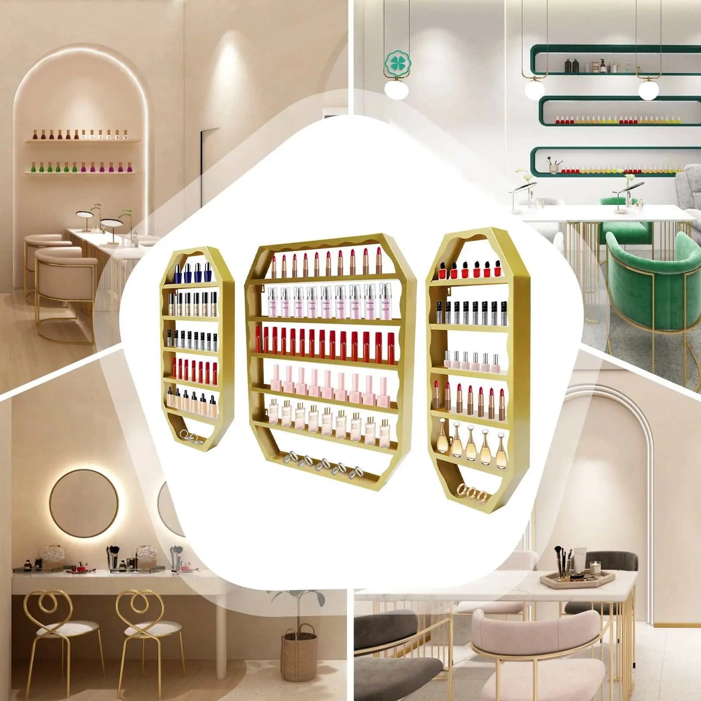 Multi-tiers wall-mounted nail polish storage racks in gold, modern octagonal design, with large capacity for homes and salons.