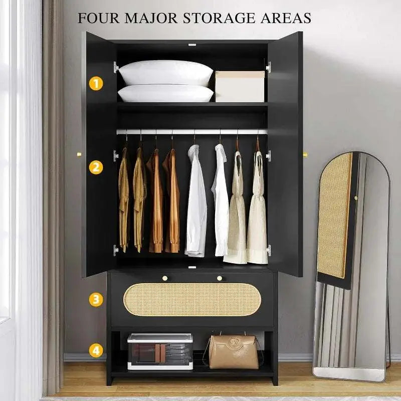 Black rattan armoire wardrobe with four storage areas including shelves, hanging rod, drawer with rattan detail, and open cabinet base.
