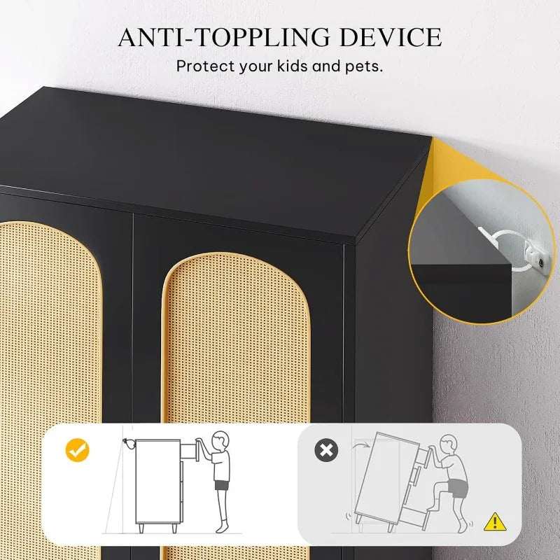 Black rattan armoire wardrobe with anti-toppling device for child and pet safety