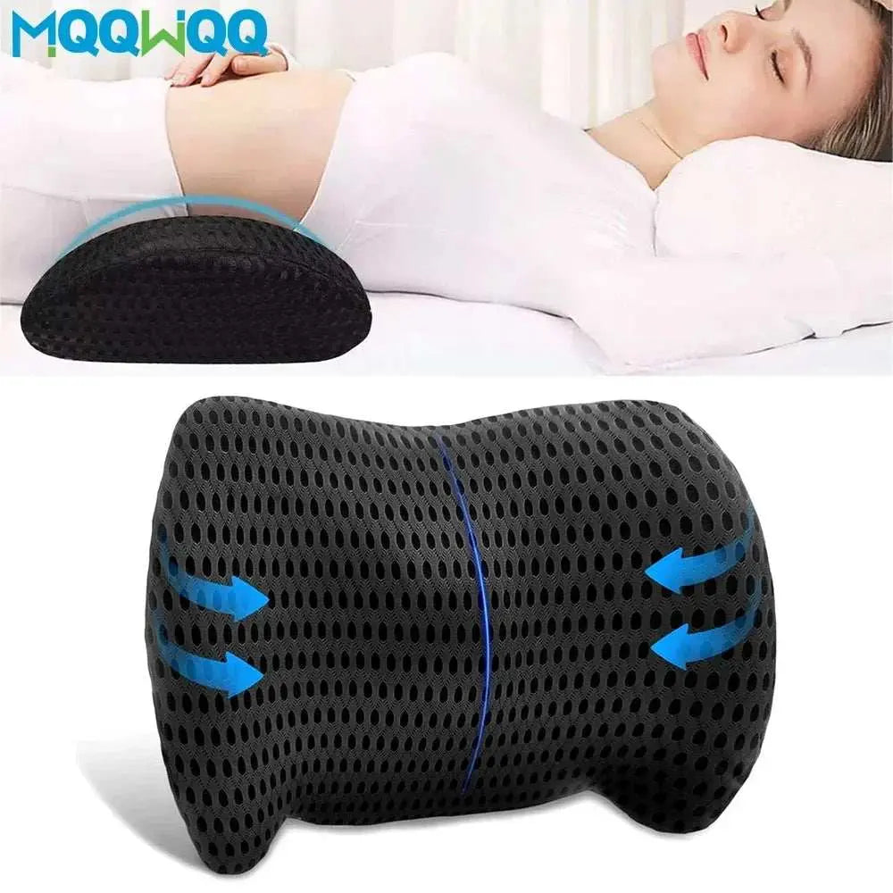 Black memory foam lumbar support pillow with breathable mesh cover for office and car seat back pain relief and posture improvement