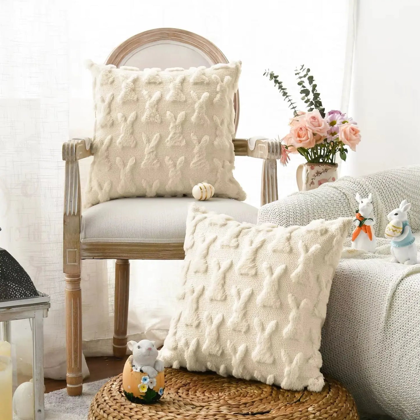 Easter Bunny Throw Pillow Covers Soft Plush Pillowcase 45X45Cm Couch Cushion Case for Easter Decor Couch Sofa Bedroom Decorative