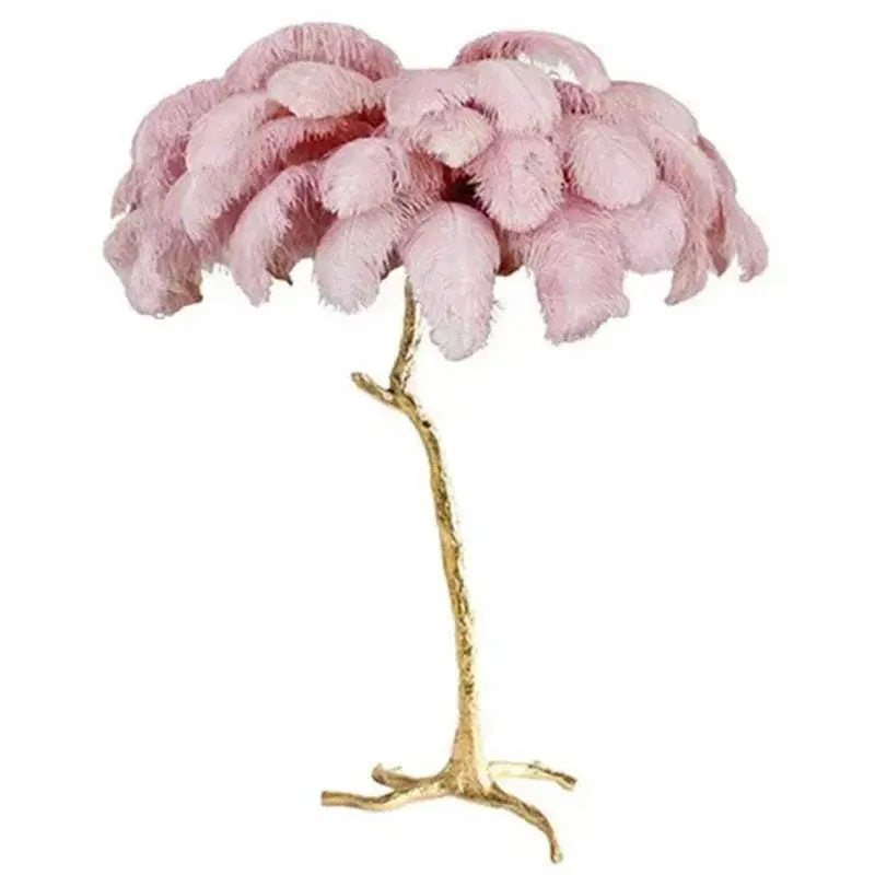Nordic LED floor lamp with pink ostrich feather shade and gold-colored resin branch-style stand.