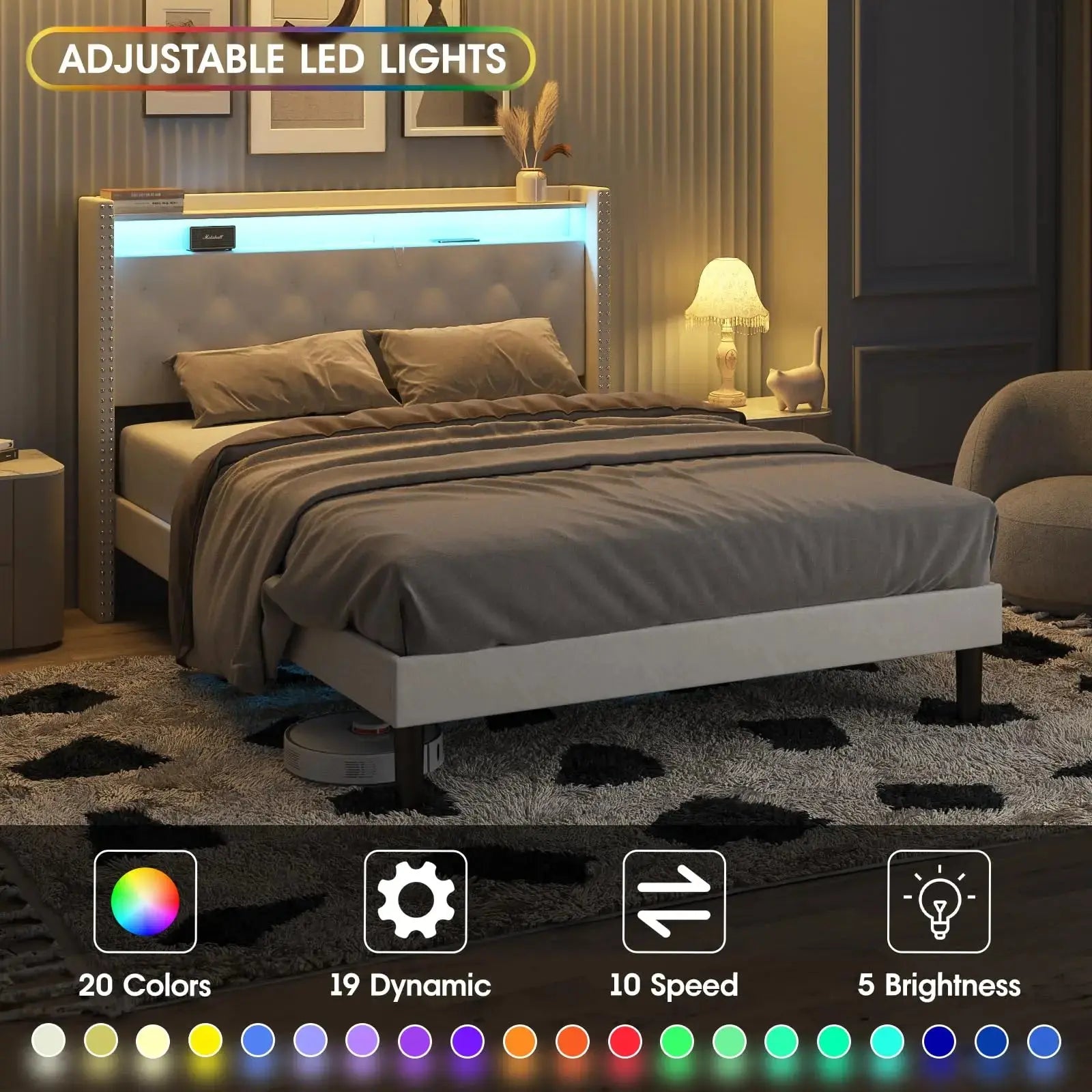 Queen Size Bed Frame with Headboard Upholstered Platform Bed Frame with Power Outlet&Led Bed Frame with Wingback Storage