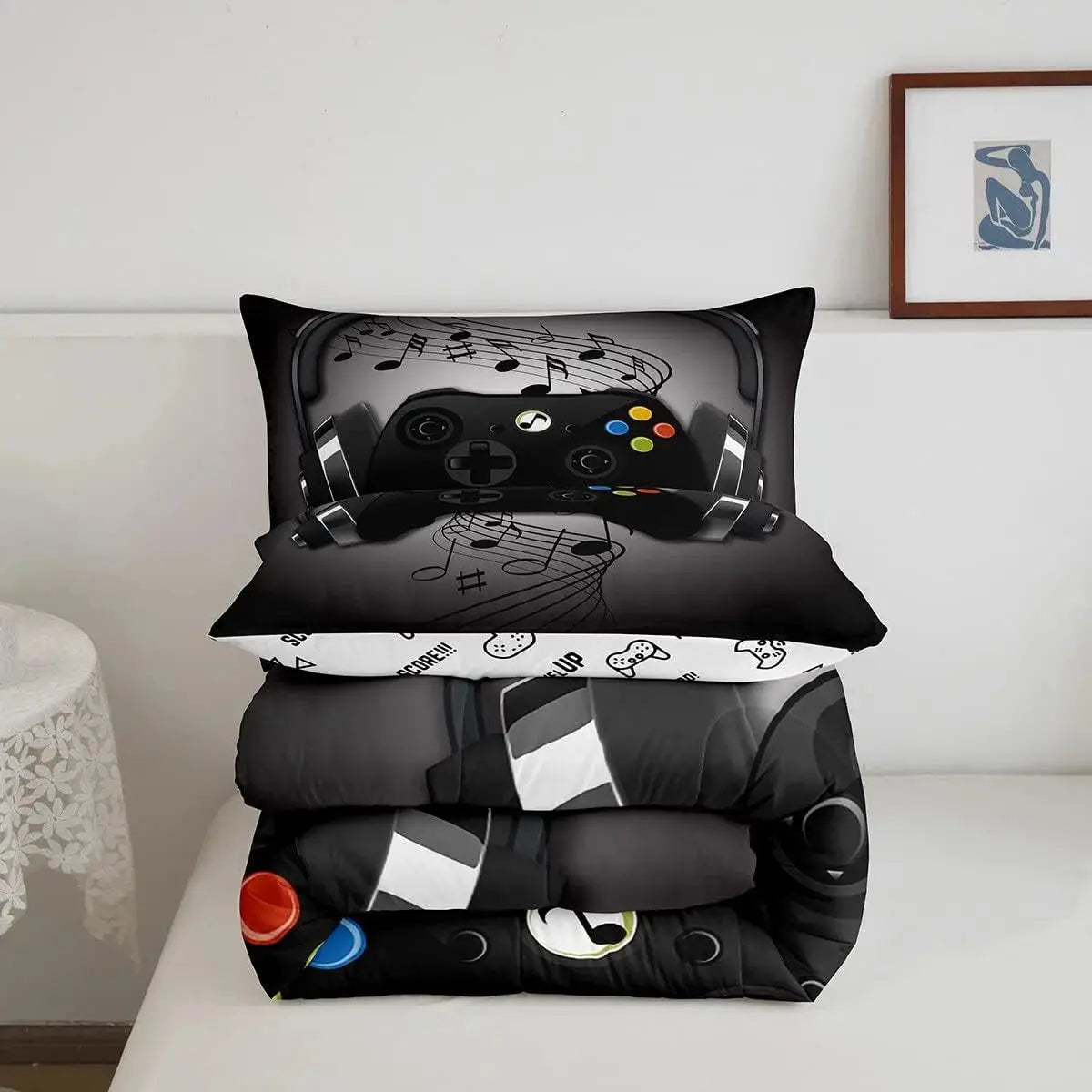 Gamer Comforter Set Queen,Black Grey Headphones Musical Design Games Gamepad Bedding Set Video Game Room Decor Retro Playing Gamer down Comforter Gaming Controller Quilted Duvet Set