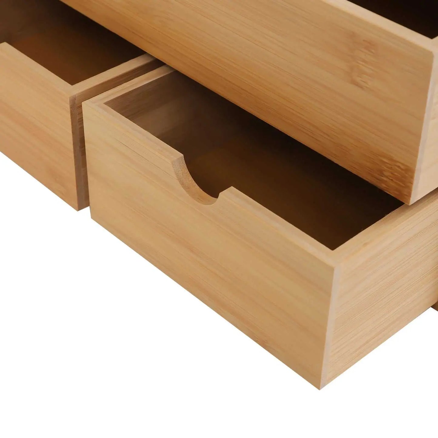 Natural bamboo floating shelves with three storage drawers and wall-mounted design