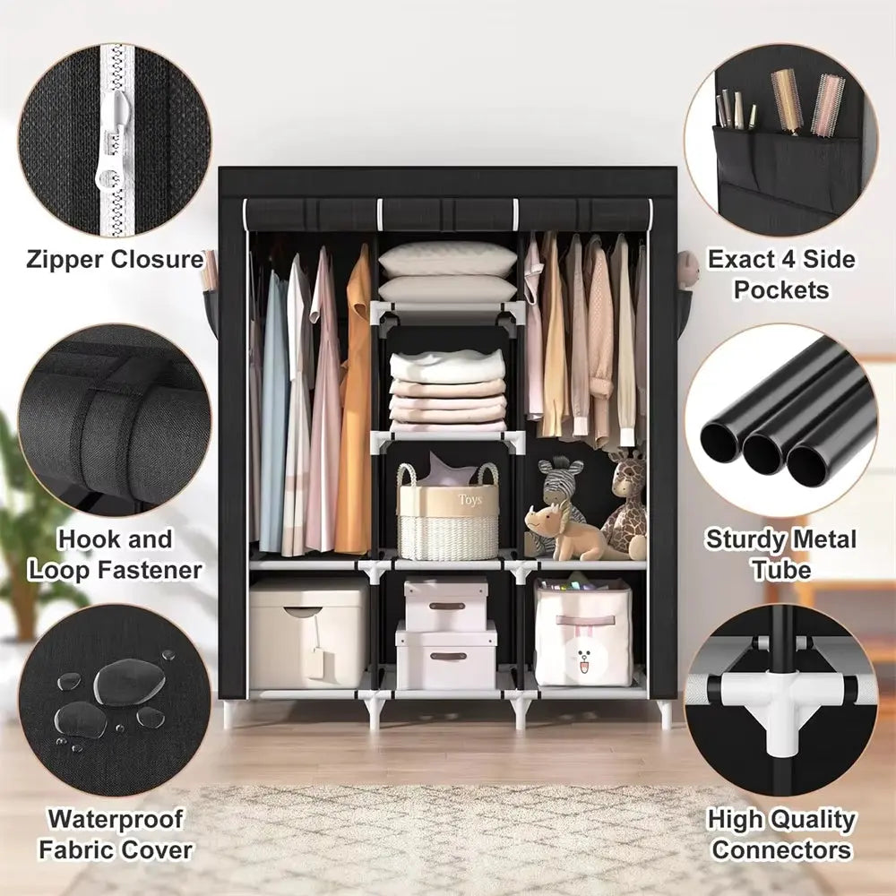 Portable Closet Large Wardrobe Closet Clothes Organizer with 6 Storage Shelves, 2 Hanging Sections 4 Side Pockets