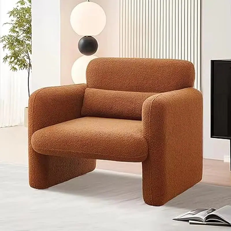 Modern Accent Single Sofa Chair with Arms, Lamb Fabric Upholstered Comfy Reading Arm Chair for Bedroom, Living Room-Beige