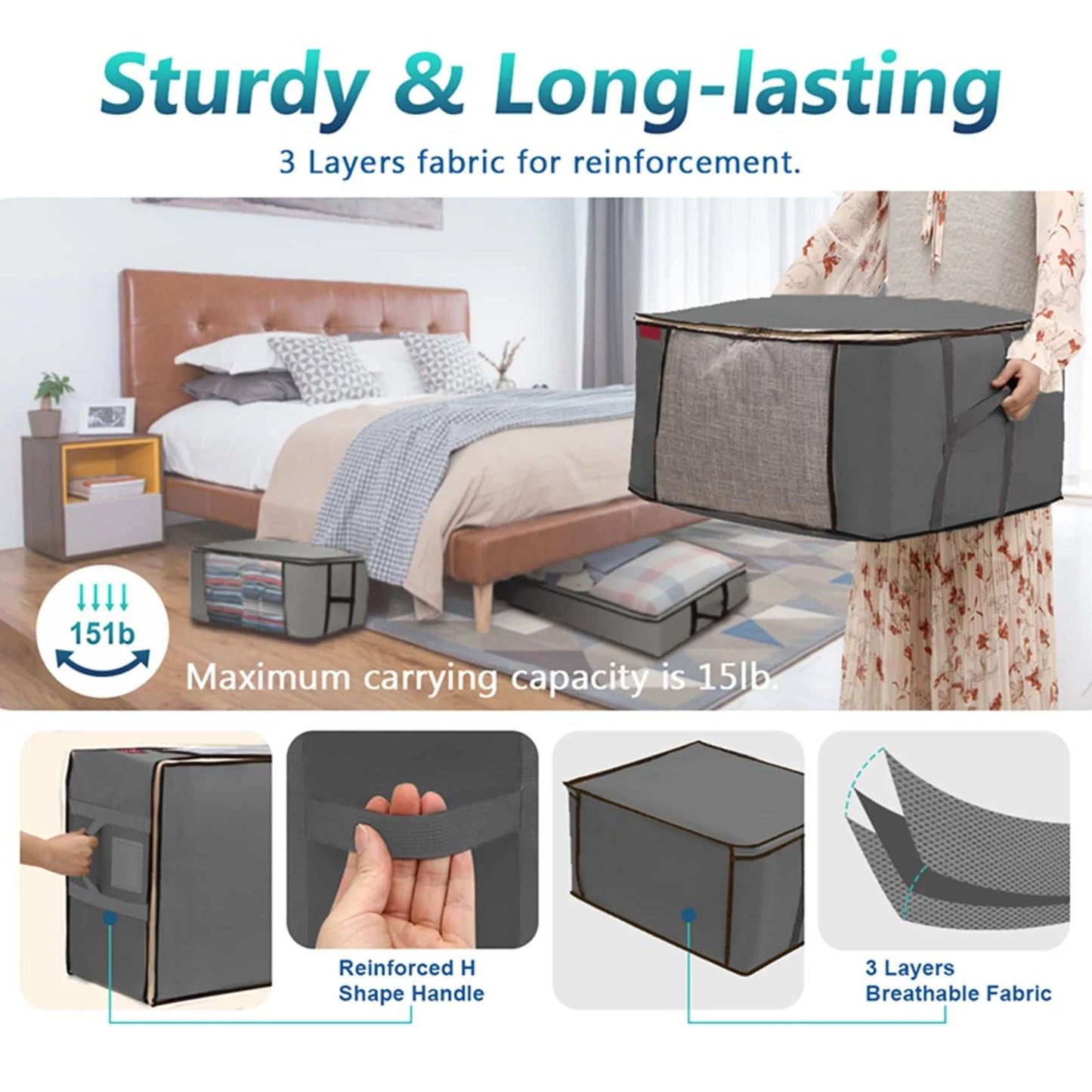 2 Pcs 80L + 2 Pcs 67L Large Underbed Storage Bags Organizer Container with Clear Window, Large Capacity Visible Underbed Storage Organizers for Comforters, Gray