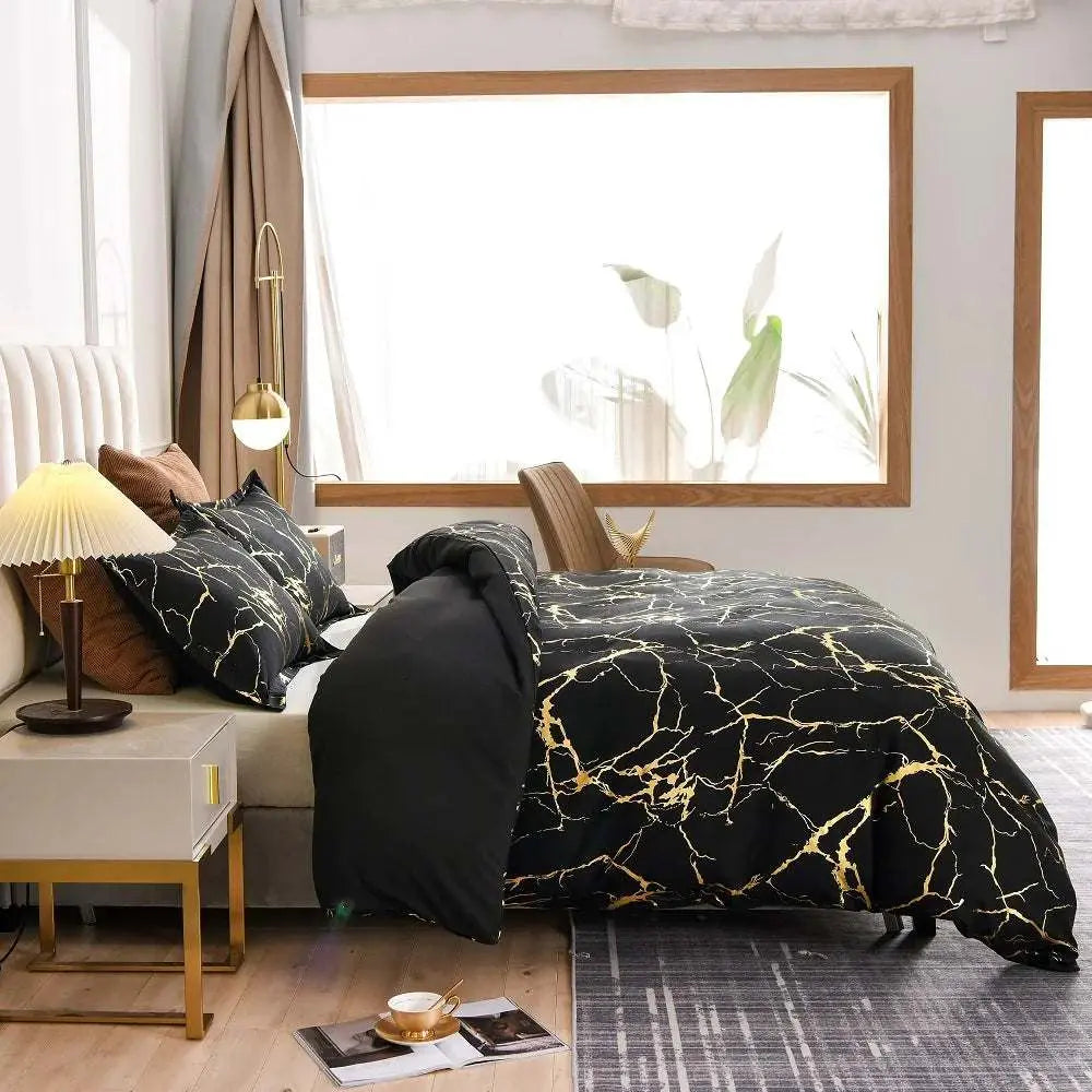 Satin Bedding Set Black Satin Duvet Cover Set 3 Pcs Black Gold Metallic Marble Pattern Luxurious Bedding Set King Size