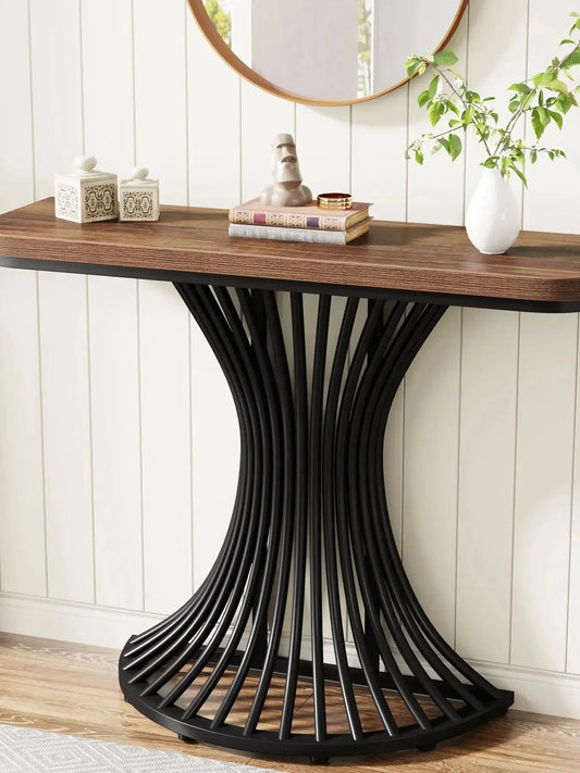 Console Table, Industrial Entryway Table with Geometric Metal Base, 39-Inch Small Sofa Accent Table for Entrance