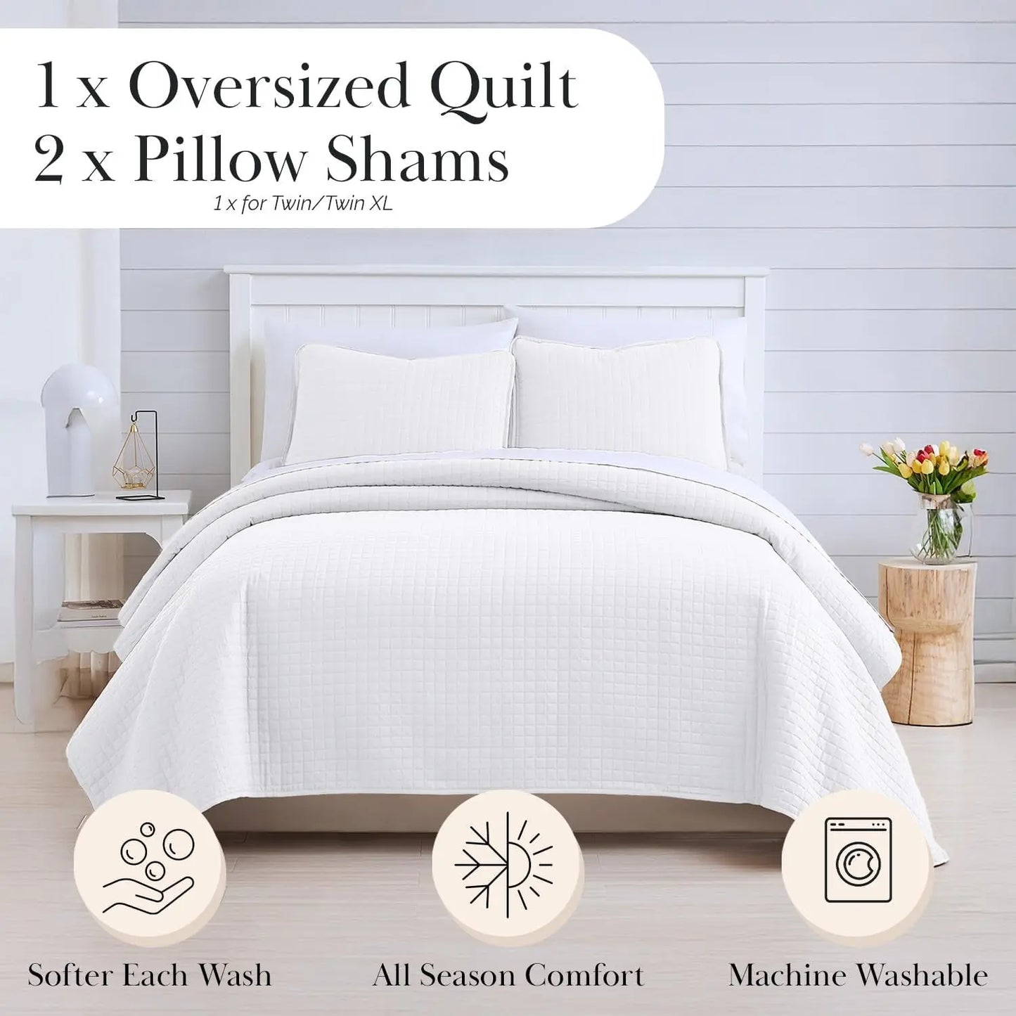 White King Quilt Set with 2 Pillow Shams, Lightweight Coverlet, King Size Quilt, Stain & Pet Hair Resistant Bedding Set, Standard/California Size, Bright White