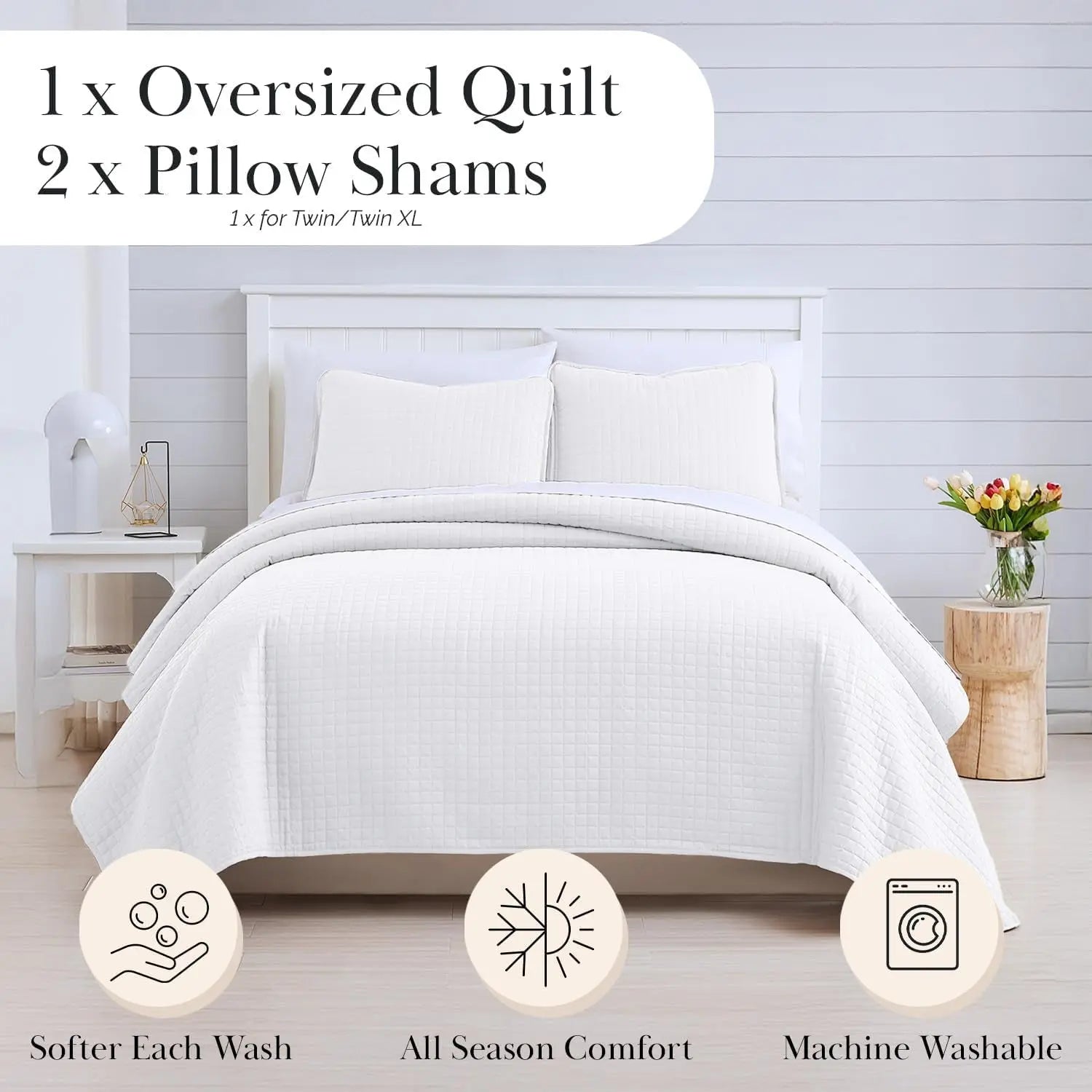 White King Quilt Set with 2 Pillow Shams, Lightweight Coverlet, King Size Quilt, Stain & Pet Hair Resistant Bedding Set, Standard/California Size, Bright White