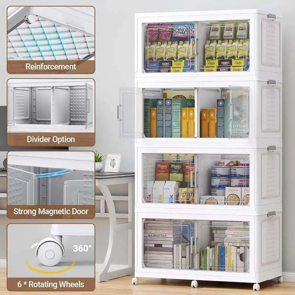 200Qt plastic storage bins with lids and wheels, stackable with dividers and magnetic doors for organized home storage