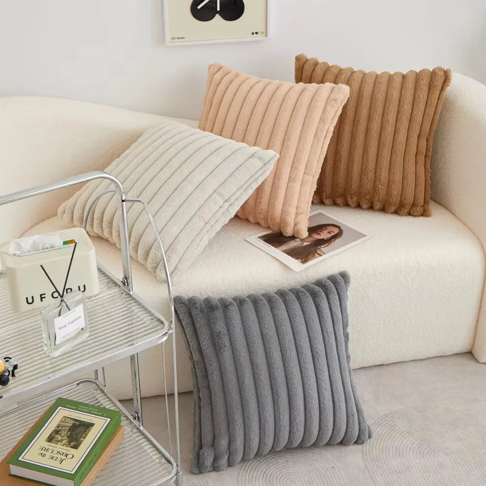 Faux Rabbit Fur Square Cushion Cover Pillowcase 45X45Cm Striped Soft Pillow Cover for Couch Sofa Bedroom Living Room Home Decor