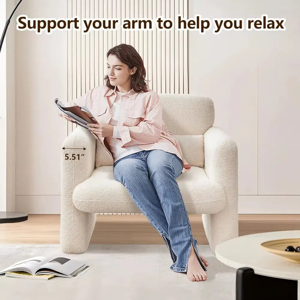 Modern Accent Single Sofa Chair with Arms, Lamb Fabric Upholstered Comfy Reading Arm Chair for Bedroom, Living Room-Beige