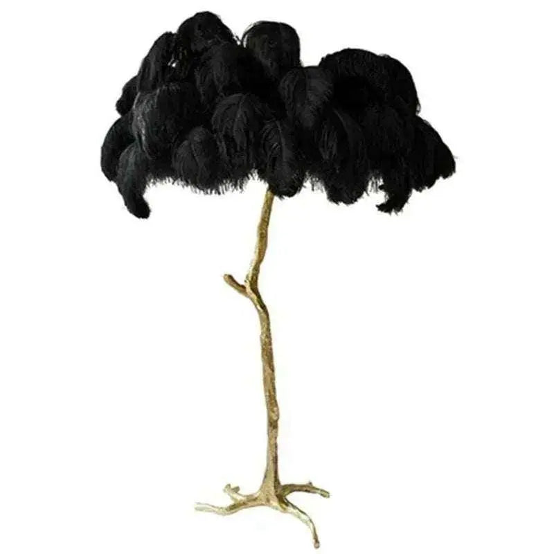 Nordic LED floor lamp with black ostrich feather shade and gold-tone textured stand