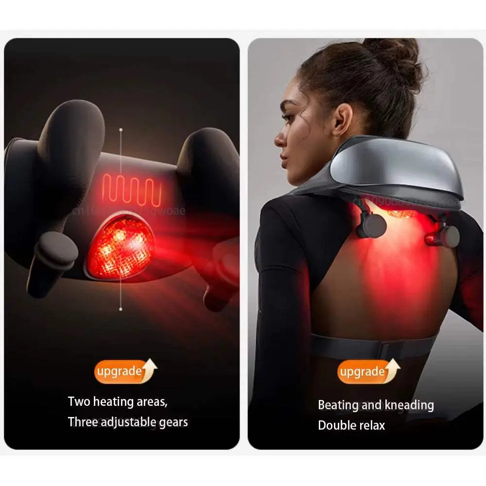 Neck shoulder massager with two heating areas, three adjustable gears, and beating kneading functions for deep tissue relaxation