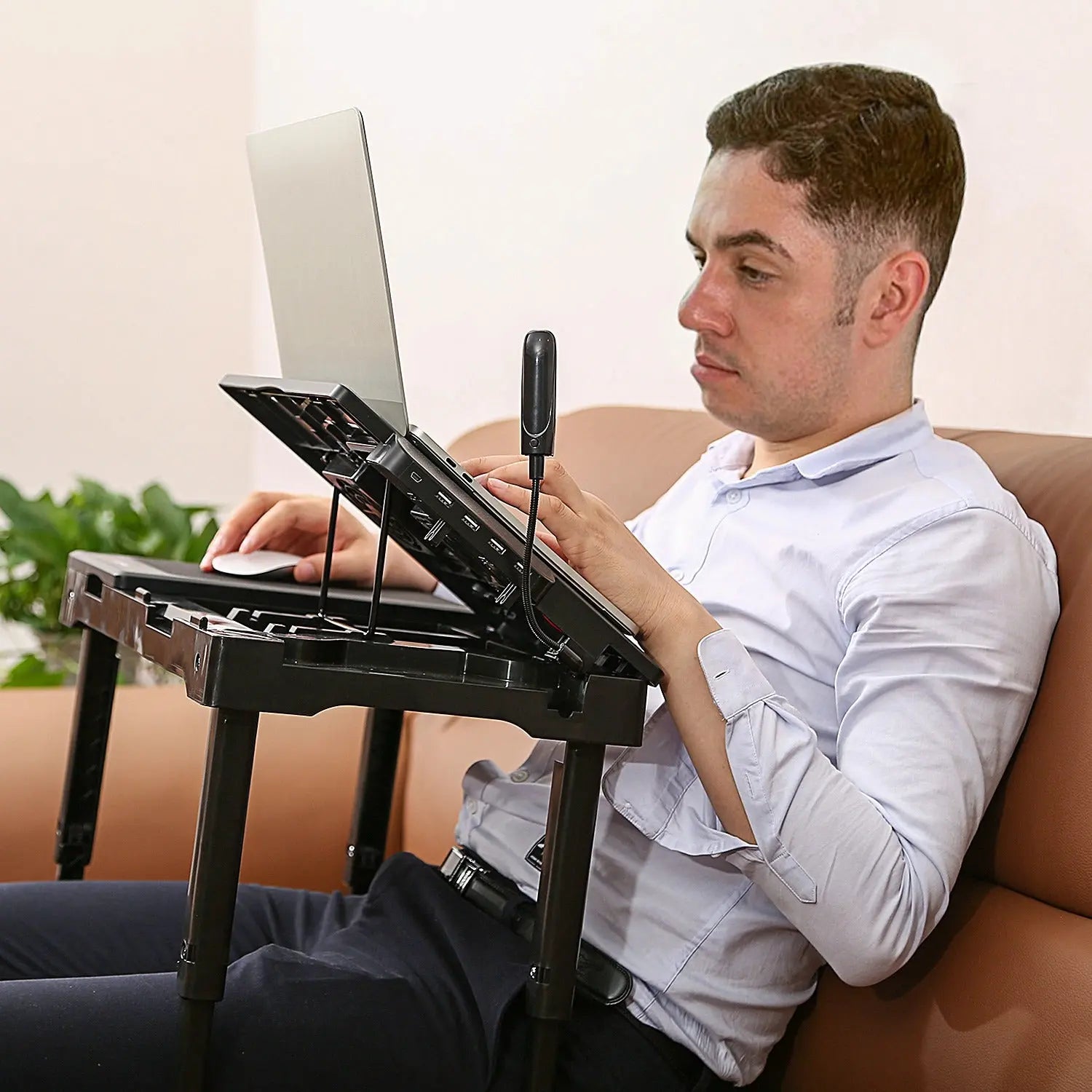 1Pc Foldable Laptop Table Bed Notebook Desk with Cooling Fan Mouse Board LED Light 4 USB Ports Breakfast Snacking Tray with Storage Groove for Home Office Use