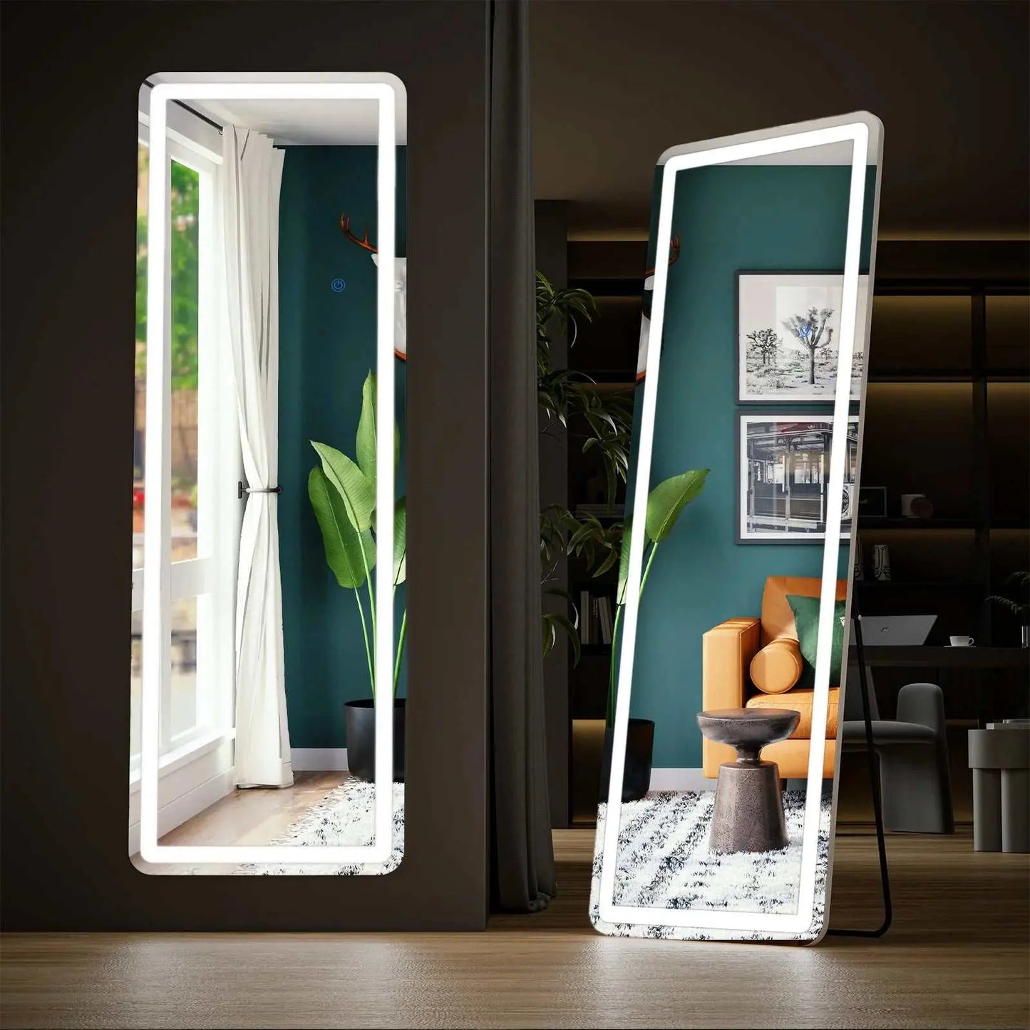 LED 64 X 21 full length mirror with aluminum alloy frame, wall-mounted and standing options, shown in modern living room settings.