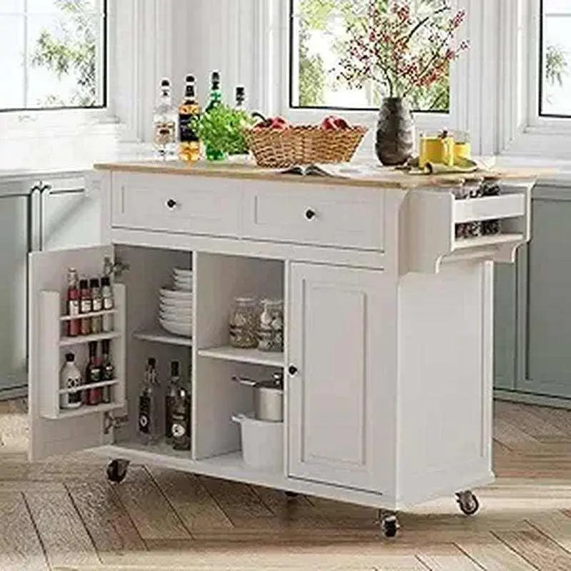 White kitchen island with storage, drop leaf countertop, drawers, cabinets, spice rack, and caster wheels for mobility
