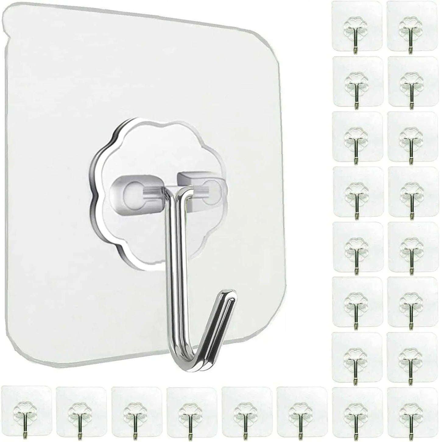 24 pack transparent heavy duty self adhesive wall hooks with stainless steel hook and 180 degree rotation for home organization