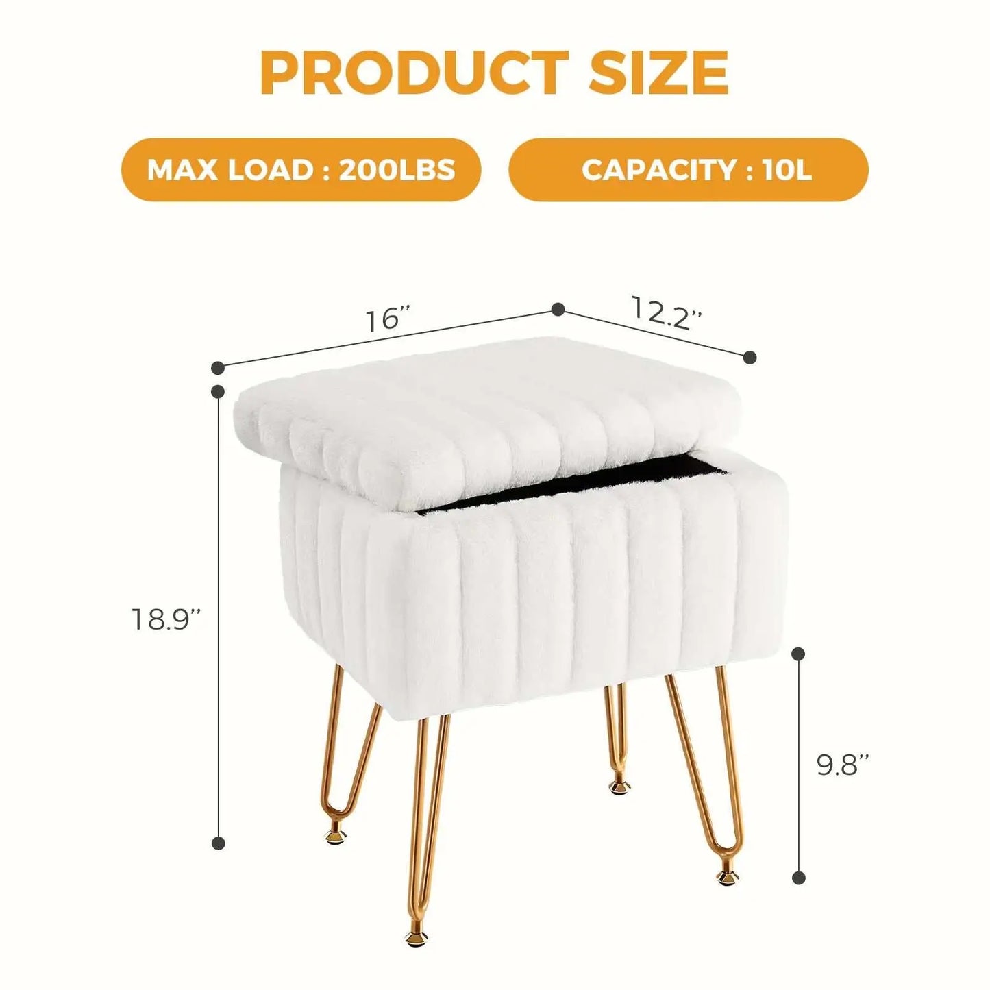 White faux fur living room storage stool with padded top, gold metal legs, and hidden 10L storage capacity, measuring 18.9"x16"x12.2".