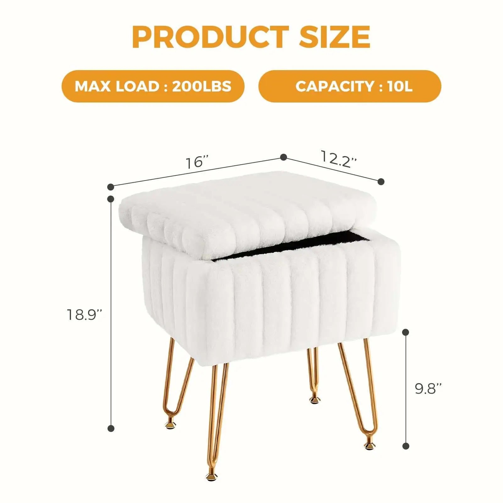 White faux fur living room storage stool with padded top, gold metal legs, and hidden 10L storage capacity, measuring 18.9"x16"x12.2".