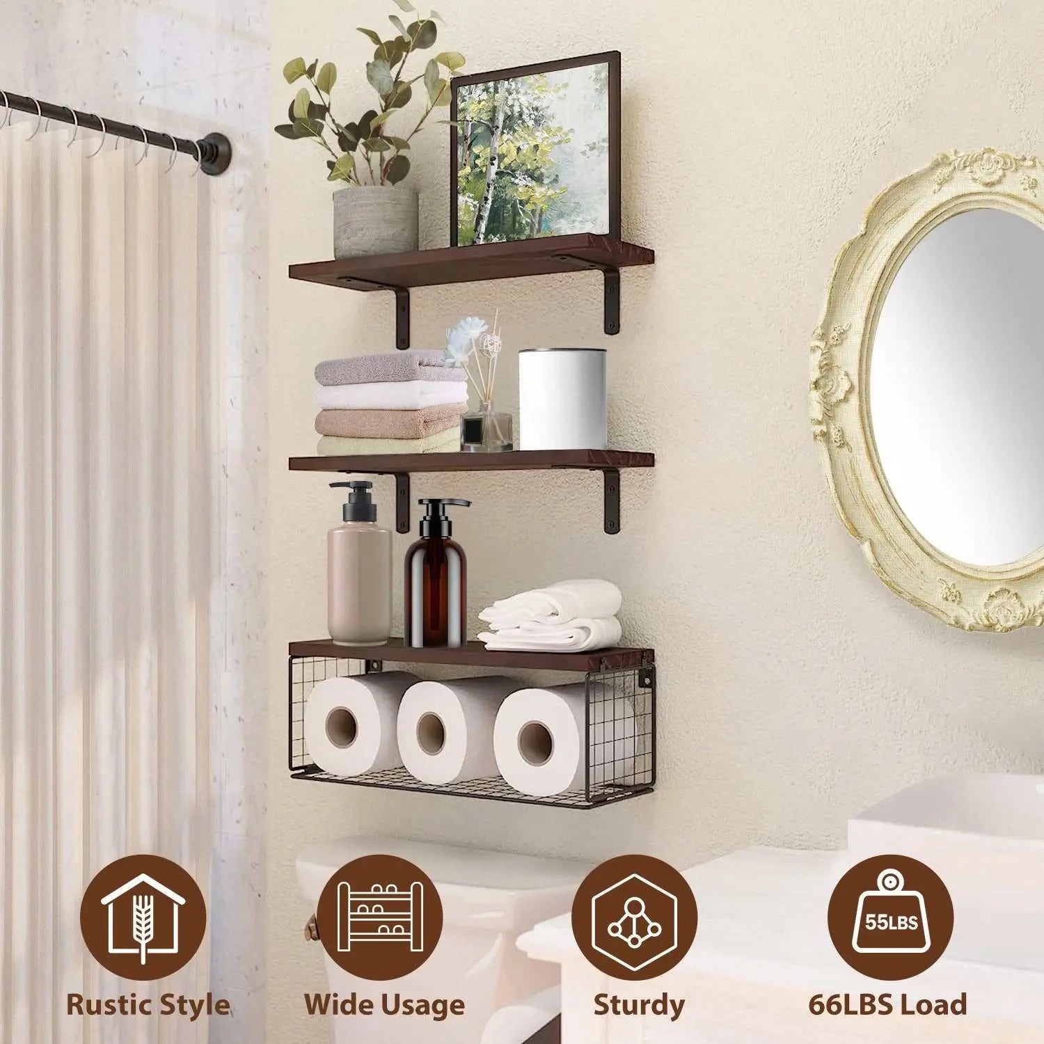 Rustic wall-mounted floating shelves with storage basket holding towels, toiletries, and toilet paper in bathroom decor