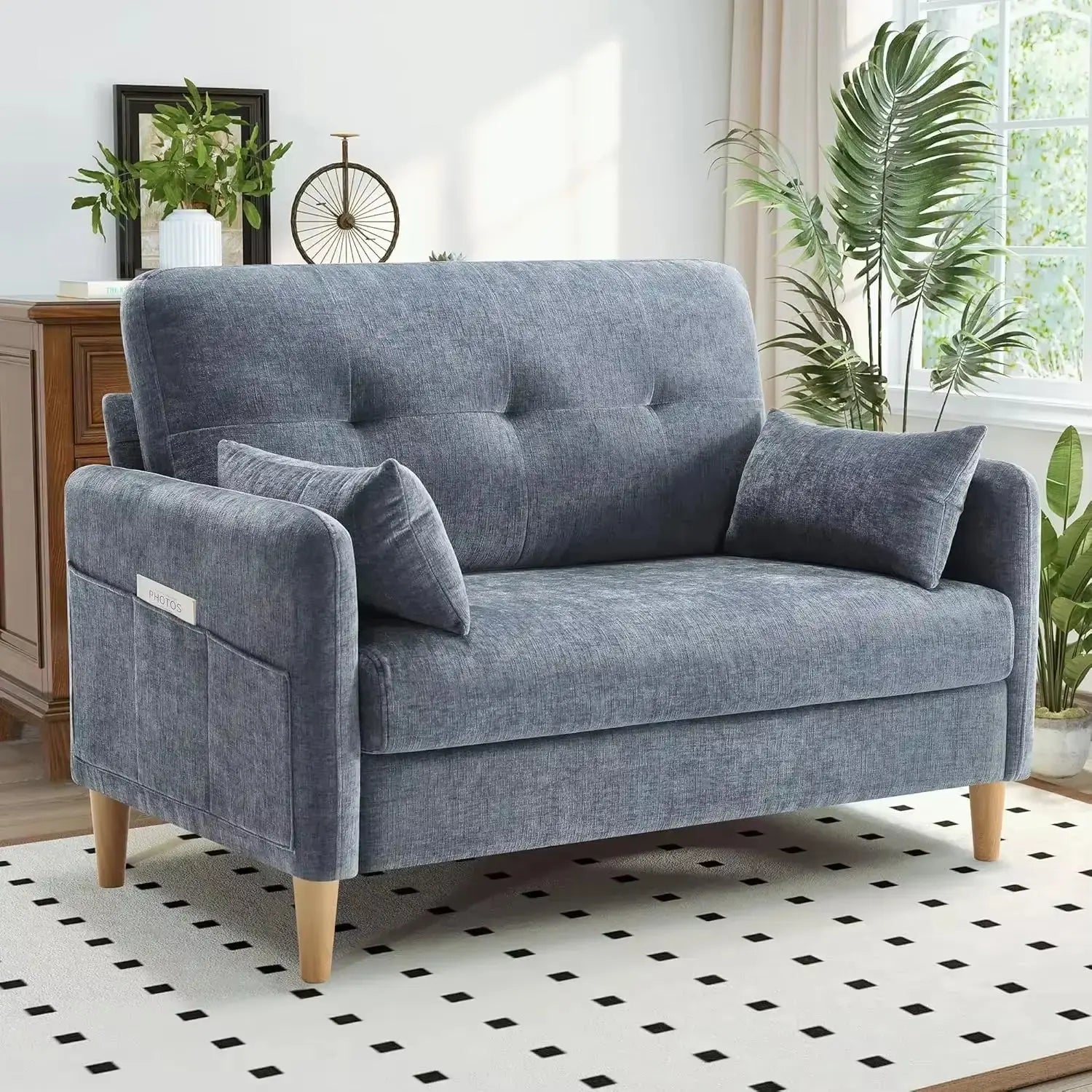 47” Small Couch for Living Room, Chenille Fabric Love Seat Comfy Sofa for Bedroom with Throw Pillow Loveseat Sofa