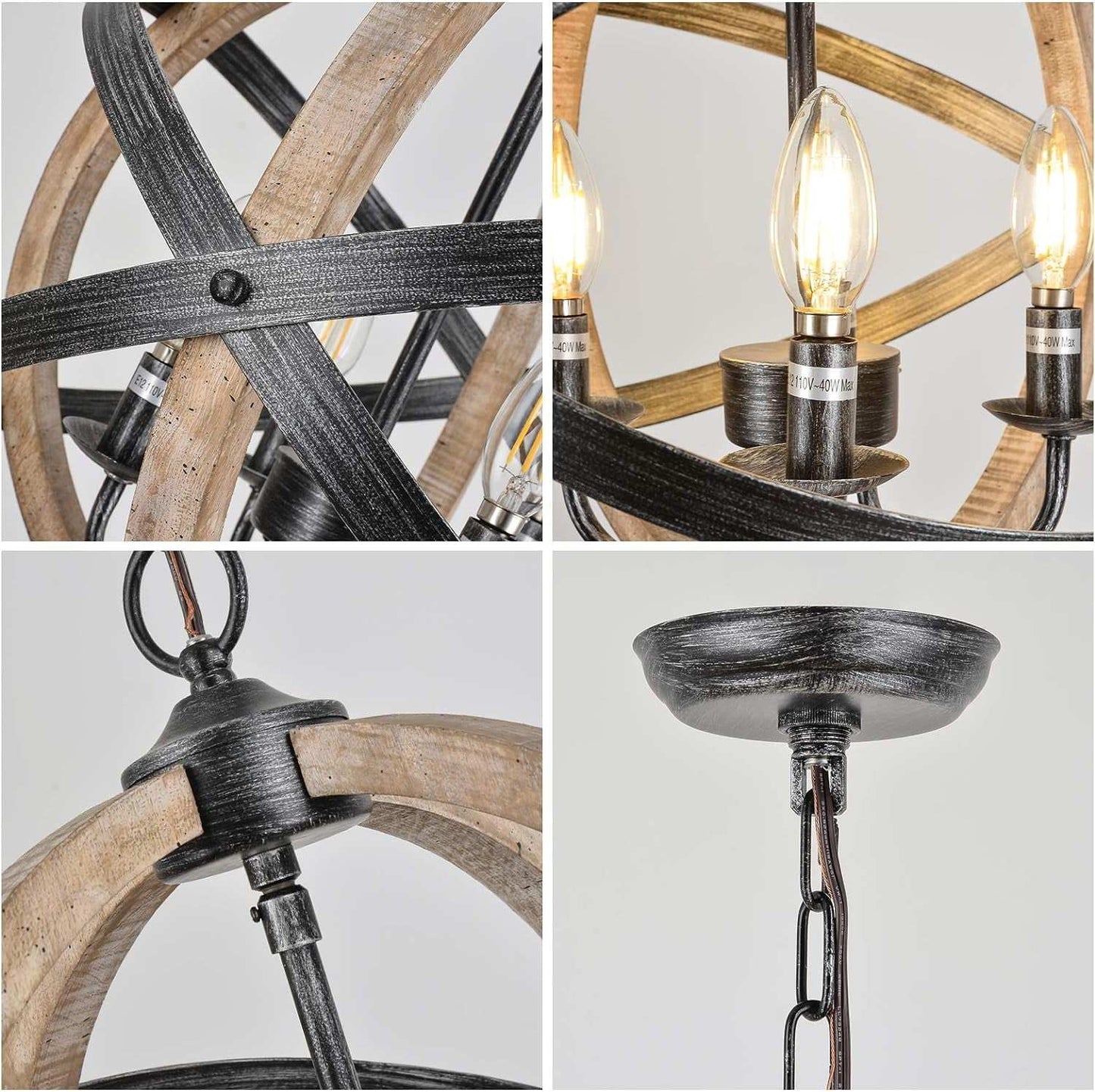 Close-up details of farmhouse chandelier lamps showing wood and metal frame, E12 bulb sockets, adjustable chain, and ceiling mount in rustic design