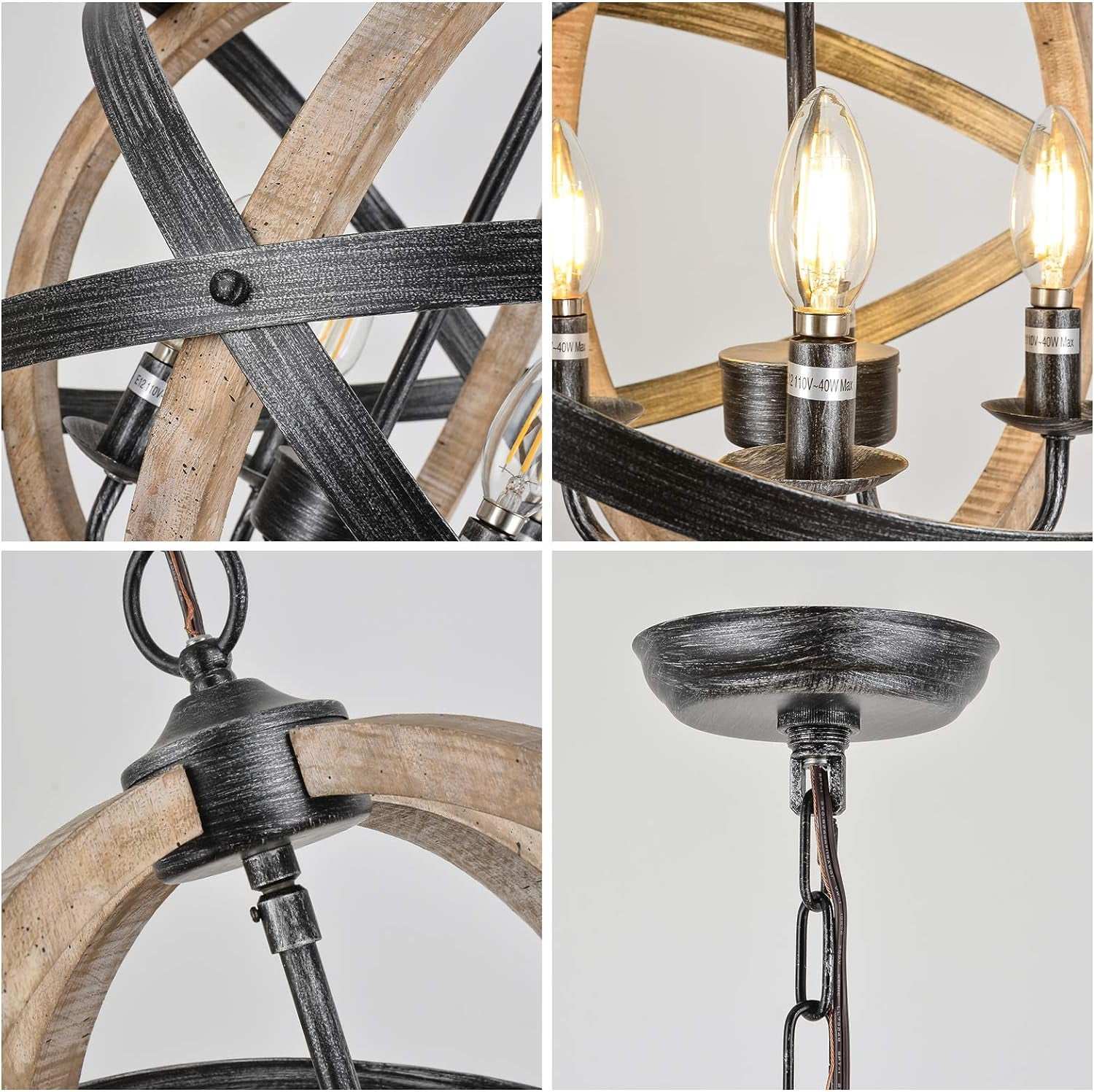 Close-up details of farmhouse chandelier lamps showing wood and metal frame, E12 bulb sockets, adjustable chain, and ceiling mount in rustic design
