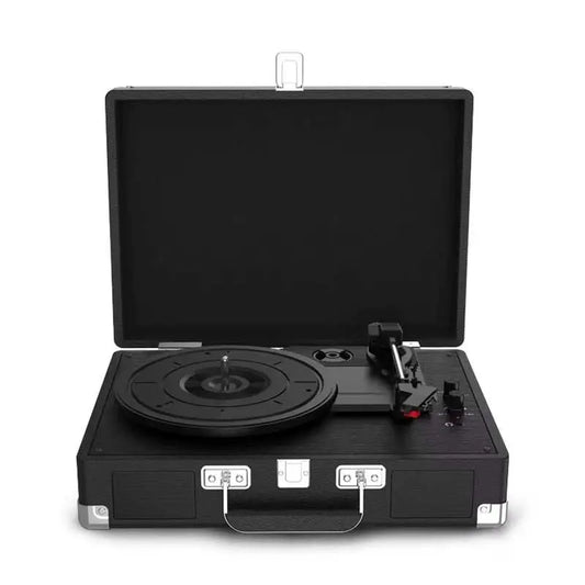Black vintage gramophone turntable suitcase style with 3-speed belt-driven record player and built-in speakers