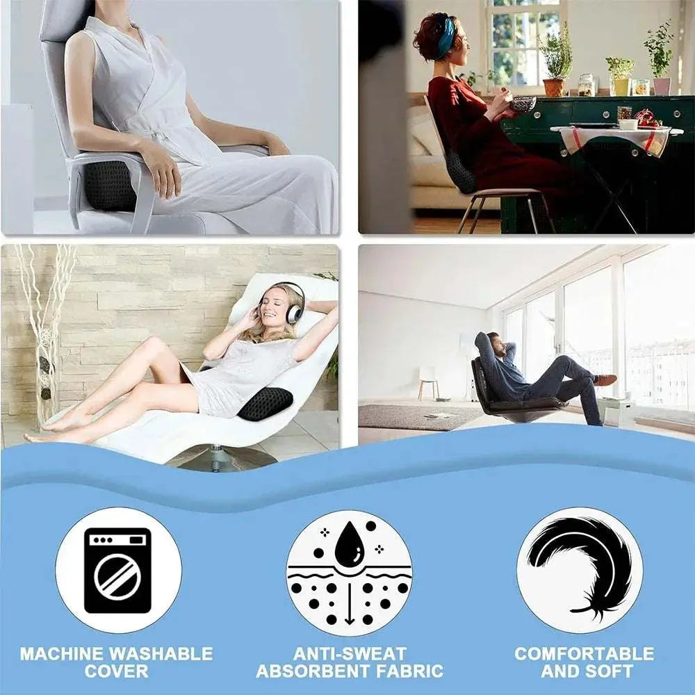 Memory Foam Lumbar Support pillow shown in use on office chair, dining chair, lounge chair, and sofa with icons for machine washable cover, anti-sweat absorbent fabric, and comfort features.